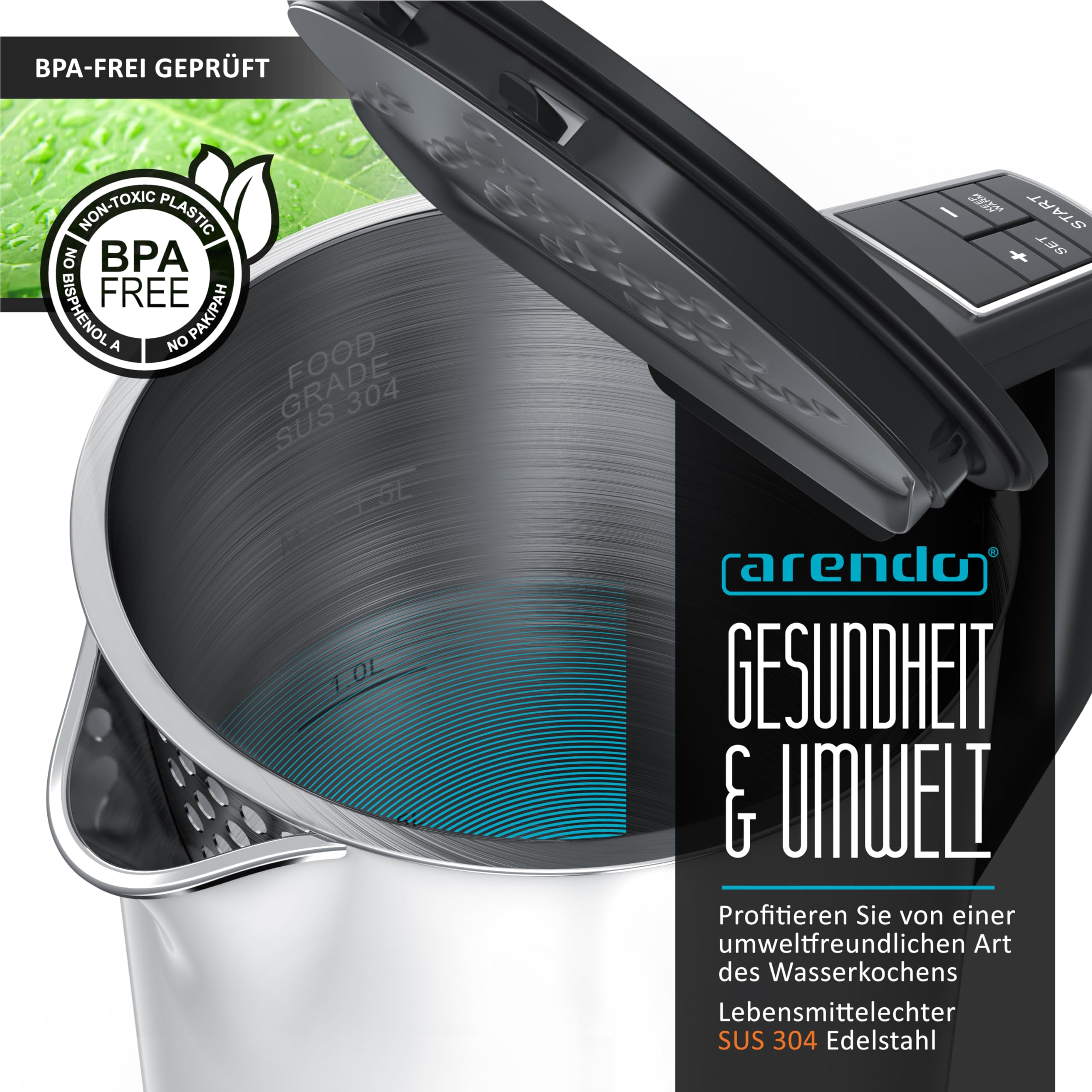 Arendo - Edelstahl Wasserkocher mit Temperatureinstellung 40-100 Grad in 5er Schritten - Doppelwand Design - Modell ELEGANT - 1,5 Liter - 2200 W - Teekocher mit Temperaturanzeige - GS - Weiß