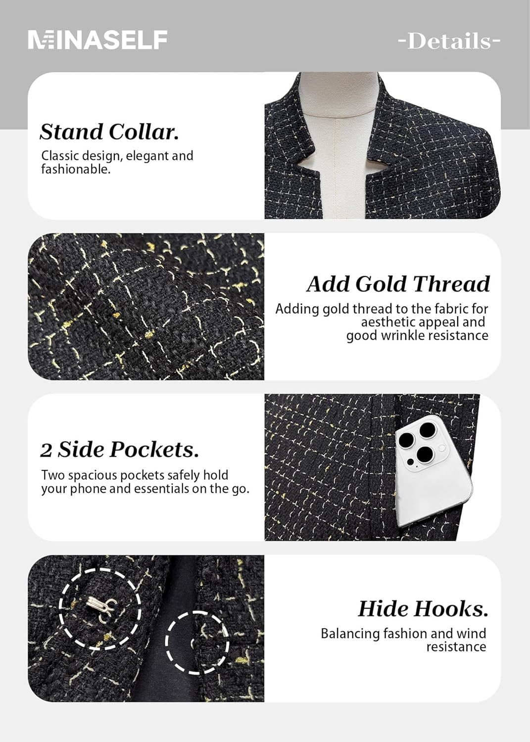 Mina Self 2026 Summer Women's Open Front Tweed Blazer - Lightweight Plaid Stand Collar Lined Casual Trendy Work Office Jacket