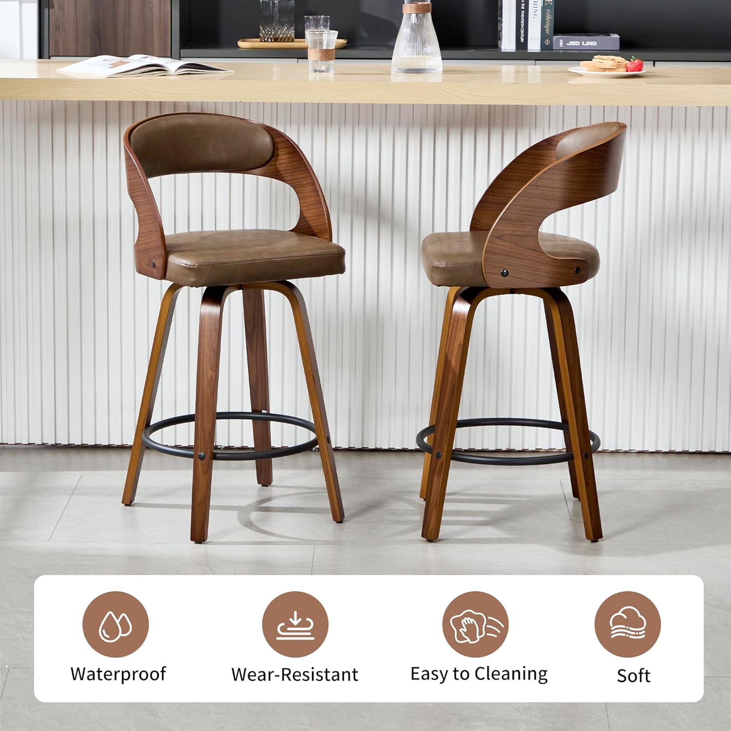 VipDesk Swivel Bar Stools Set of 2, Walnut Counter Height Bar Stools with Back and Arms, 26" Modern Faux Leather Upholstered Bar Chairs with Bentwood Frame for Kitchen Island Bar - Coffee