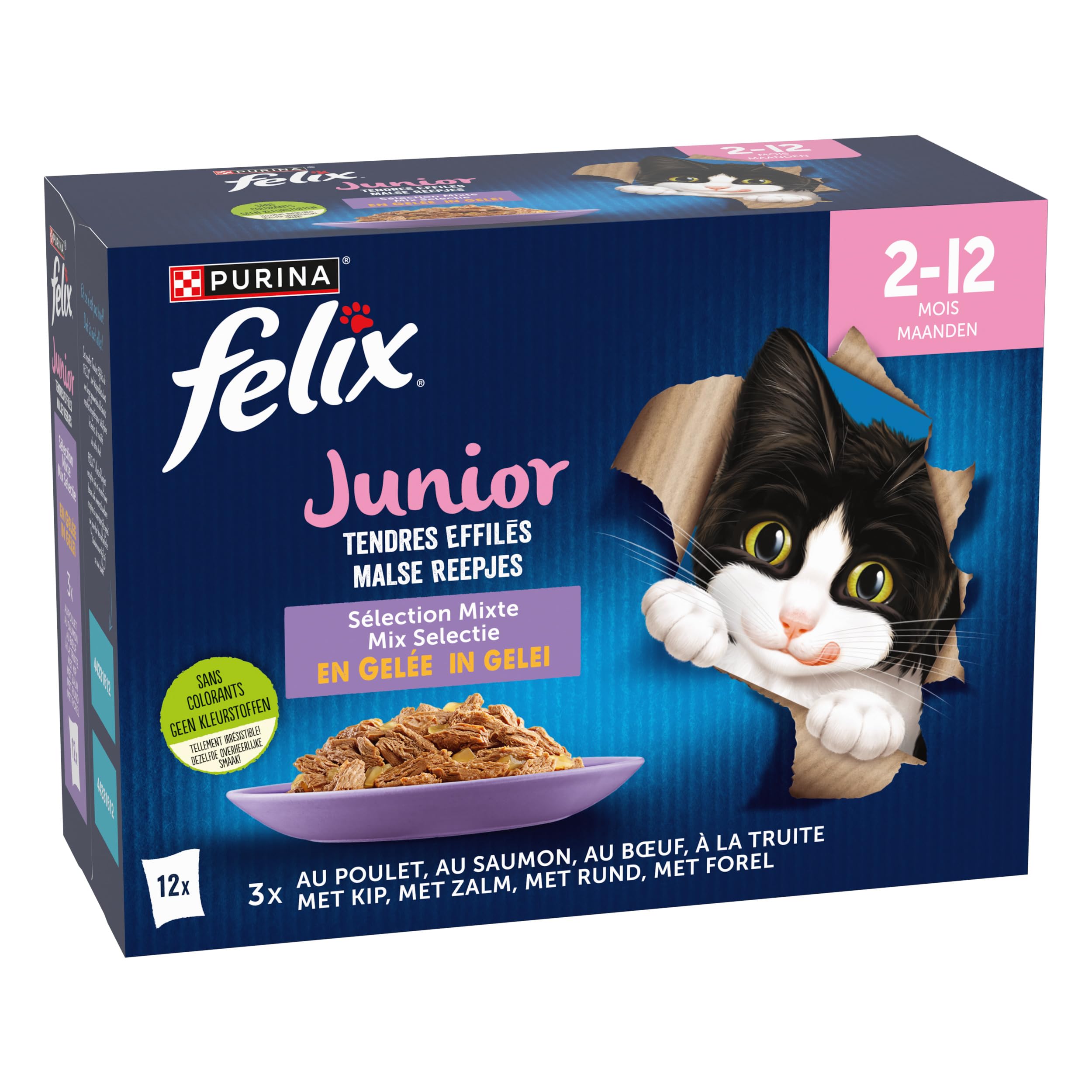 PURINA - Felix - Tendres Effilés Junior - Chat - Aliment Complet, Convient au Chaton stérilisé - Au Poulet, Au Boeuf, Au Saumon et à la Truite - Gelée - Portion Individuelle - 12 x 85g