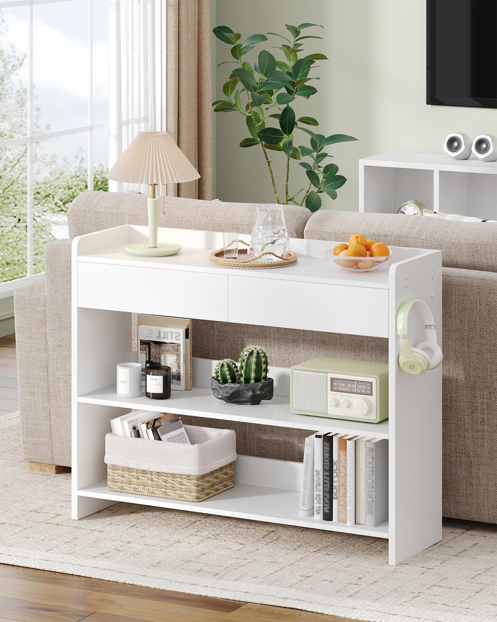 Hzuaneri Tavolo da Console con Ripiani e Cassetti, Mobile Ausiliario in Legno, Due ganci su ogni lato, per Soggiorno, Ingresso, Corridoio, 100×30×80 cm, Bianco CT01603X