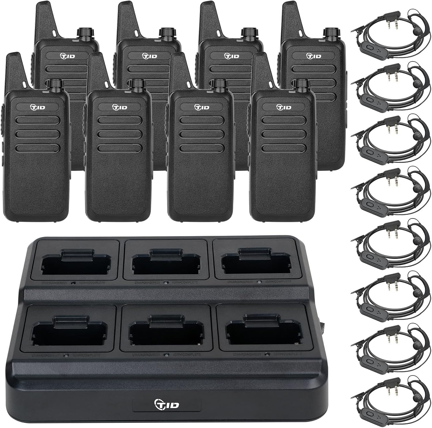 TIDRADIO TD-M8s Walkie Talkies for Adults with Earpiece (8 Pack) Long Range Two Way Radio with 6 Way Multi Gang Charger and USB Charger for Warehouse Business Church and Retail