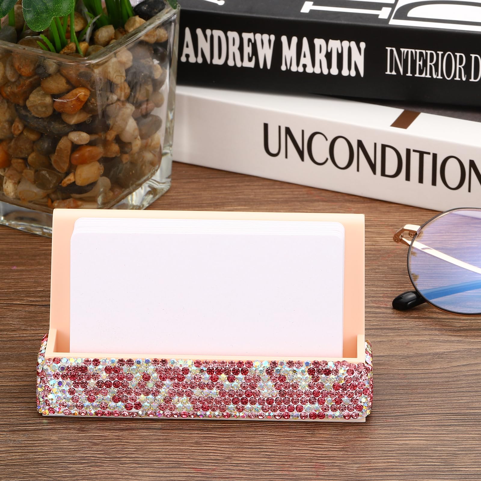 PATIKIL Business Card Holder for Desk 2 Pack Rhinestone Business Card Holders Crystal Card Stand Organizer Cards Display for Office Exhibition Pink - Image 4