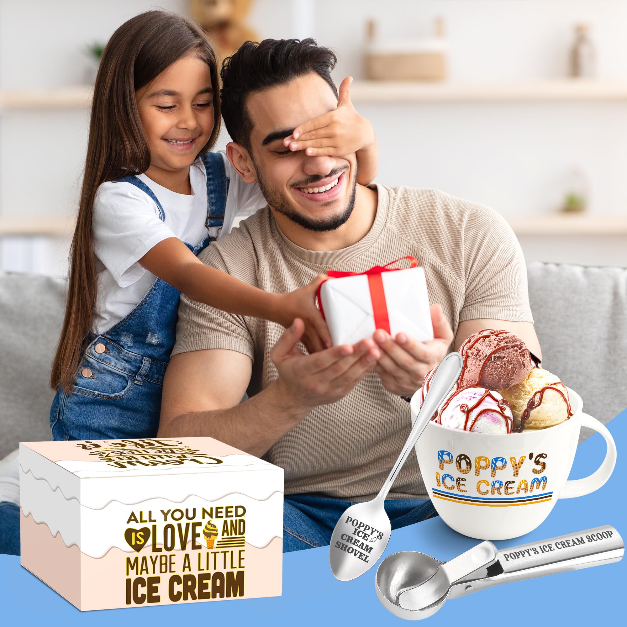 Poppy Gifts, Poppy's Gift Ice Cream Bowl Scoop Shovel Spoon Set, Grandpa Ice Cream Gift from Grandkids, Ideal Xmas Birthday Father's Day Man Gifts