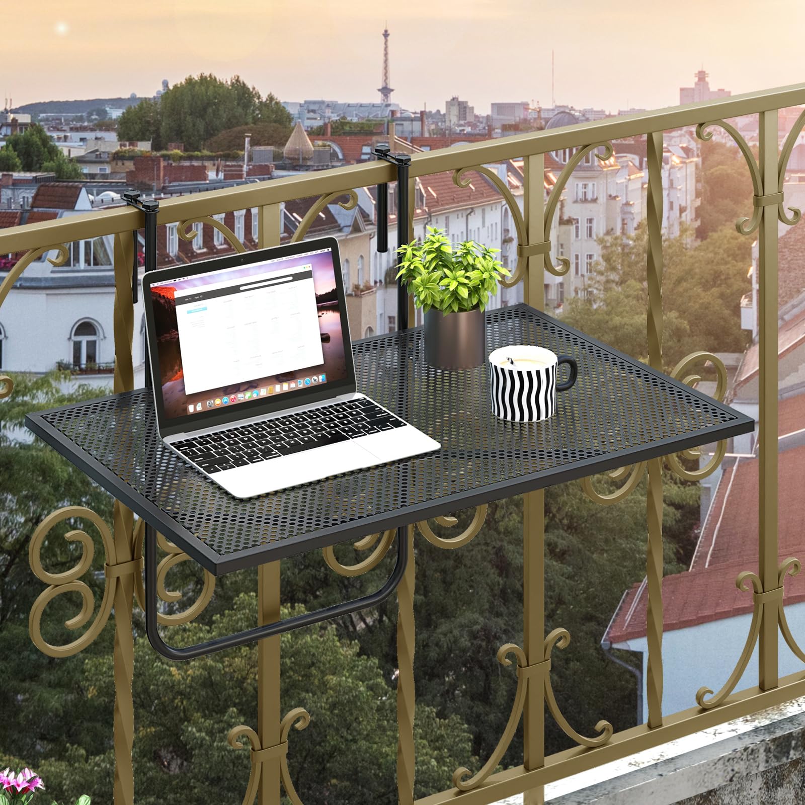 GIANTEX Składany stół balkonowy, metalowy stolik pomocniczy do balustrad | 60,5 x 40,5 x 51 cm, metalowy stolik zewnętrzny oszczędza miejsce, blat z siatki, na taras