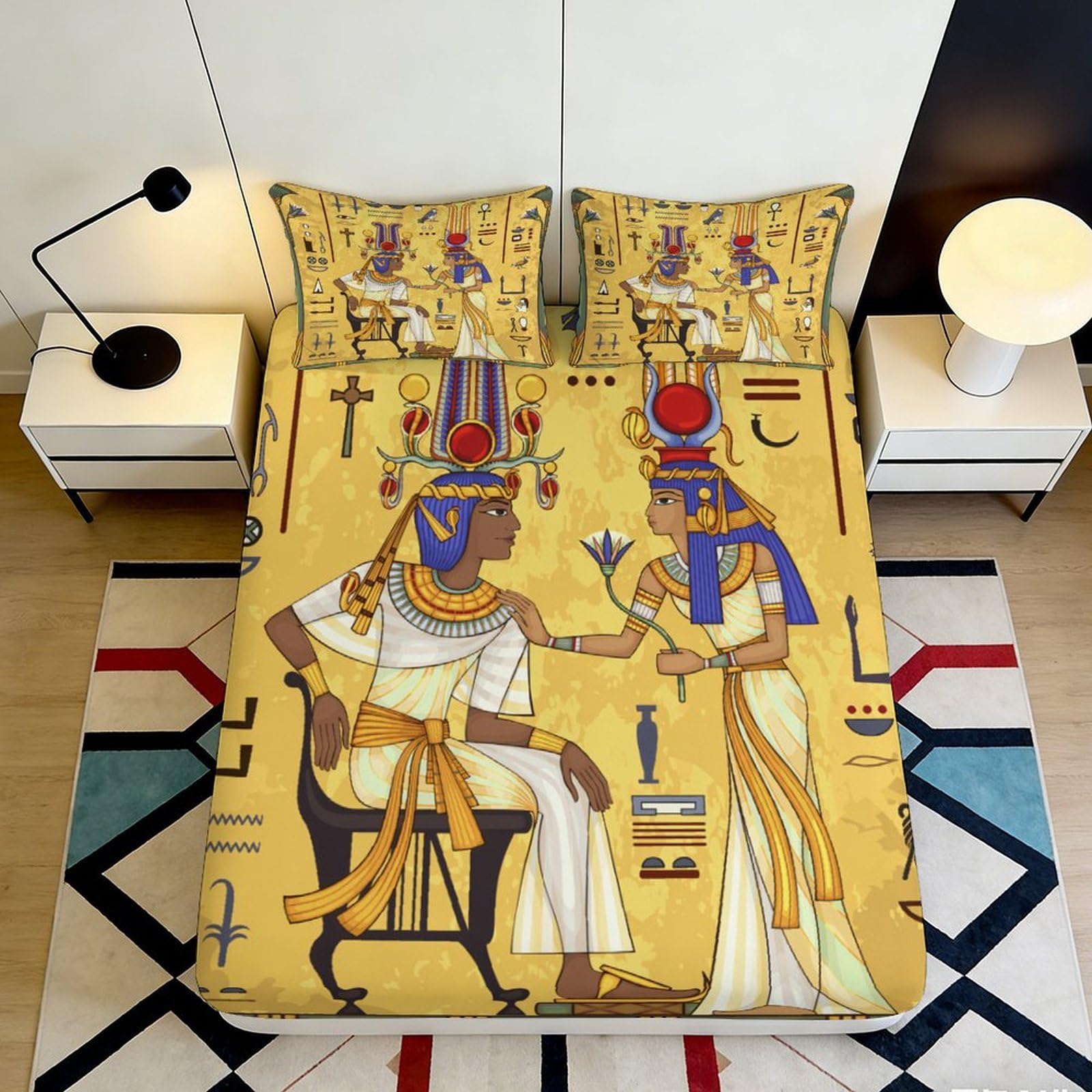 3D Printed Egyptian Pharaoh Fitted Sheet Microfiber Anti-Slip Ancient Goddess Mattress Cover Bedroom Decor 100x200cm 90x200x25cm