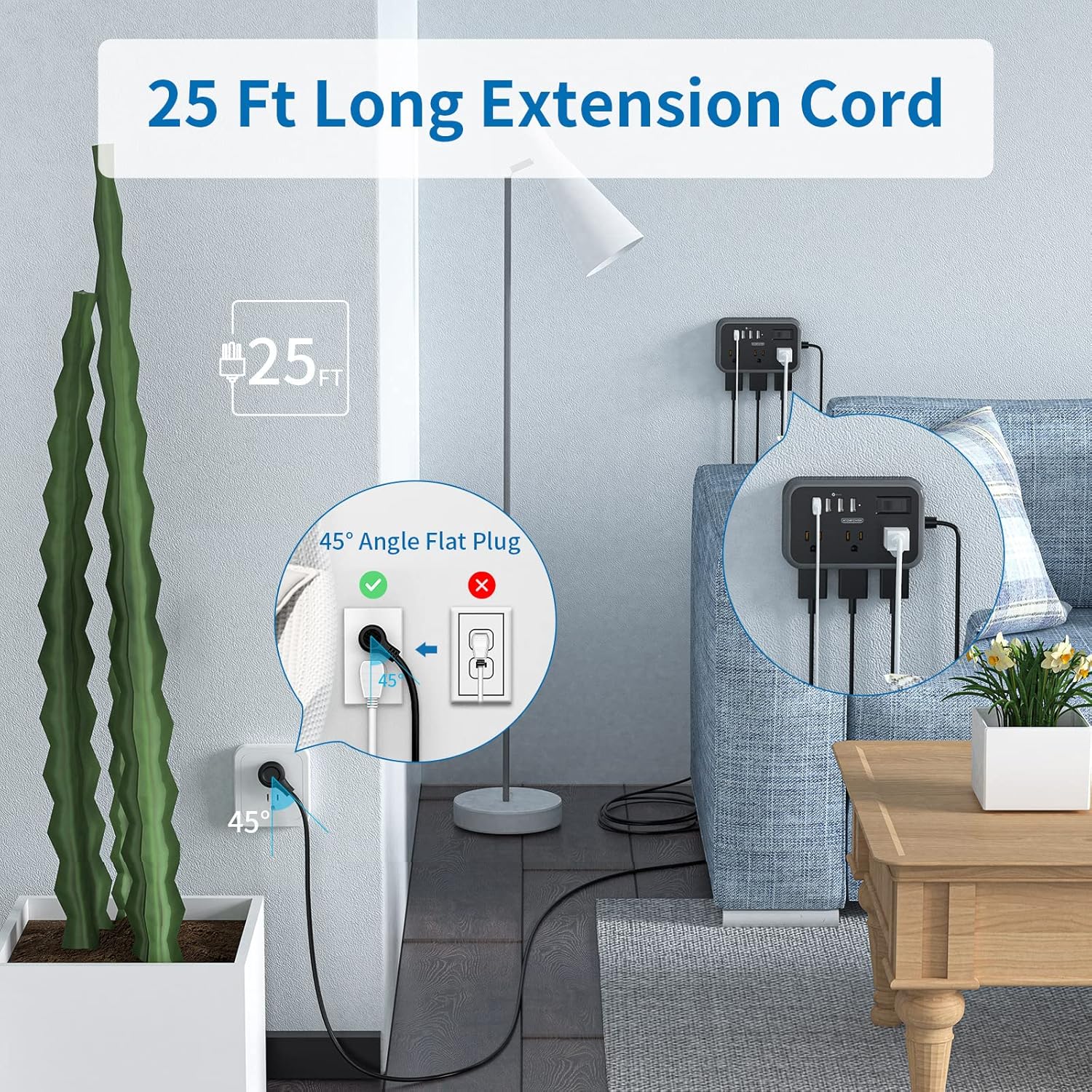 Extension Cord 10/25 Ft NTONPOWER Long Extension Cord with 6 Widely Spaced Outlet, Power Strip with 4 USB Port(2 USB-C), Wall Mount for Home Office, Dorm Room and Nightstand, Black