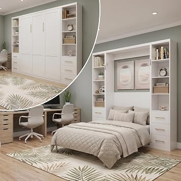 85 Queen Murphy Bed, Wood Foldable Wall Bed Frame with 2 Storage Cabinets