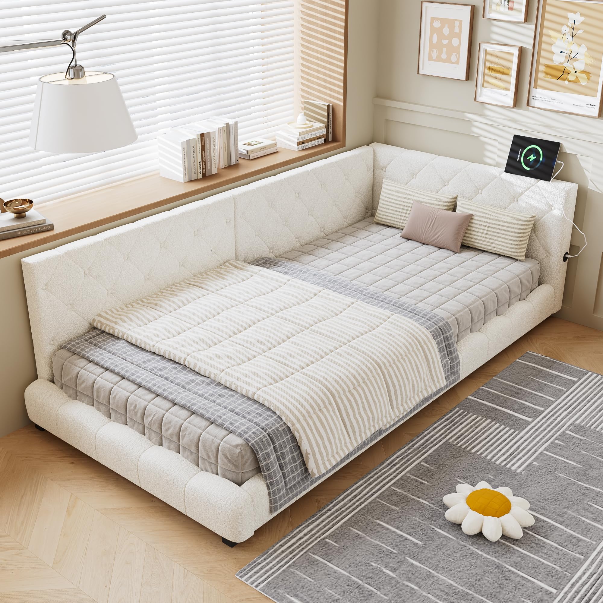 Merax Upholstered 3ft Single Bed,Daybed with Boucle Fabric and 2 Tall Headboards, 90x190cm โ Sturdy Plywood Frame, Beige