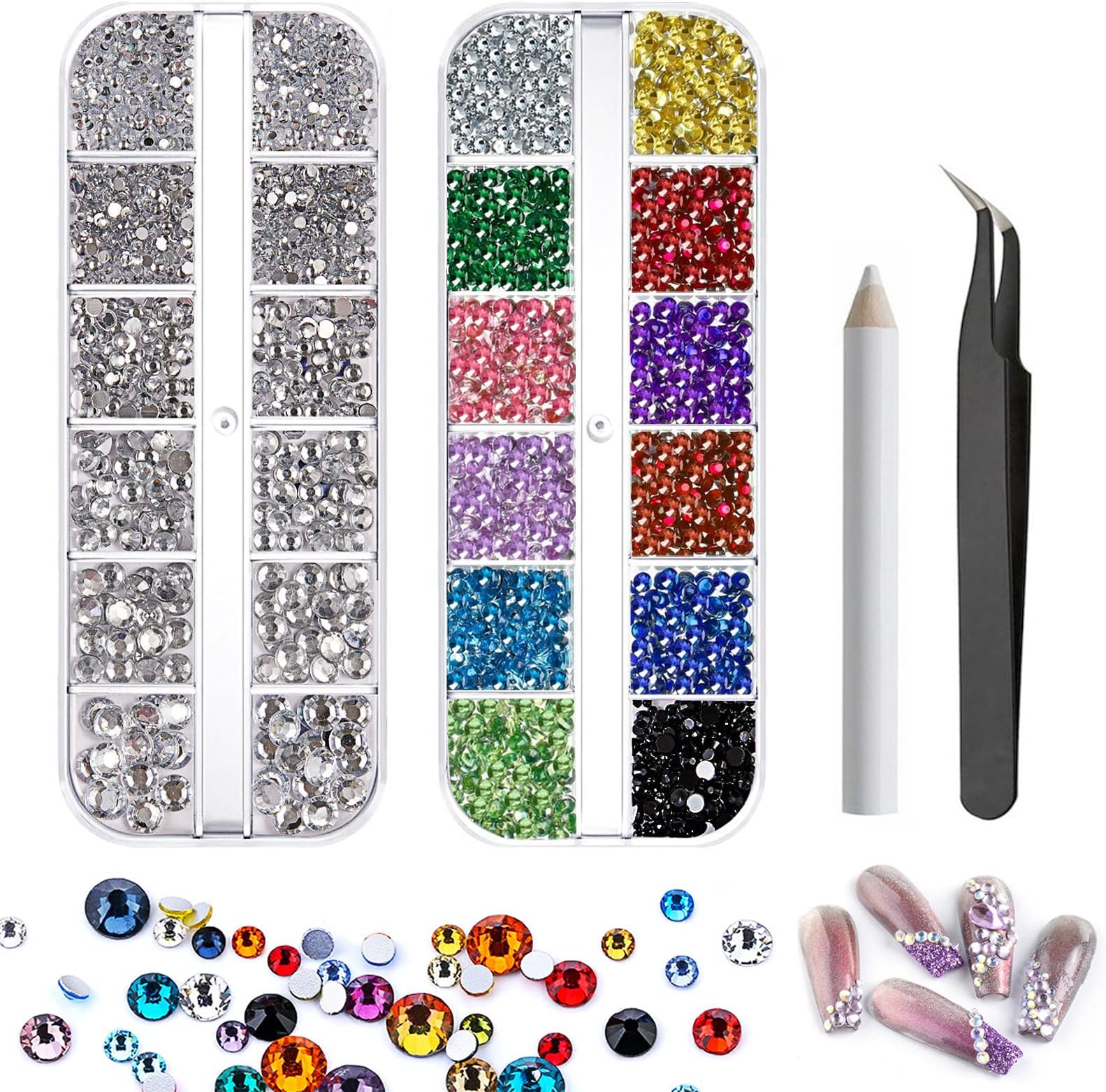 Lot De 6000 Strass Ronds à Dos Plat Multicolores (2-4 Mm) + Pince à Épiler – Parfait Pour Nail Art, Customisation Vêtements, DIY & Loisirs Créatifs