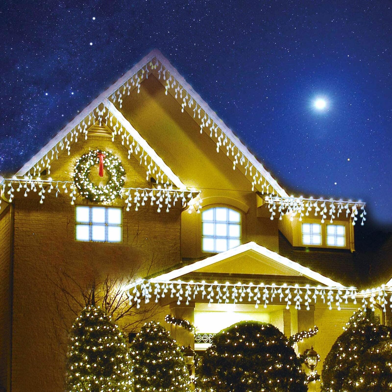 Amos White & Warm White Christmas Icicle Lights - 1200 Led Lights Memory Function Timer - 35.9 Meter Length