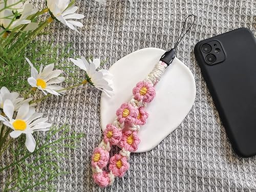 Miniatura 3 de Meefisher Pulsera de macramé con dijes de flores para teléfono, bonita cadena hecha a mano con margaritas, cuerda antipérdida