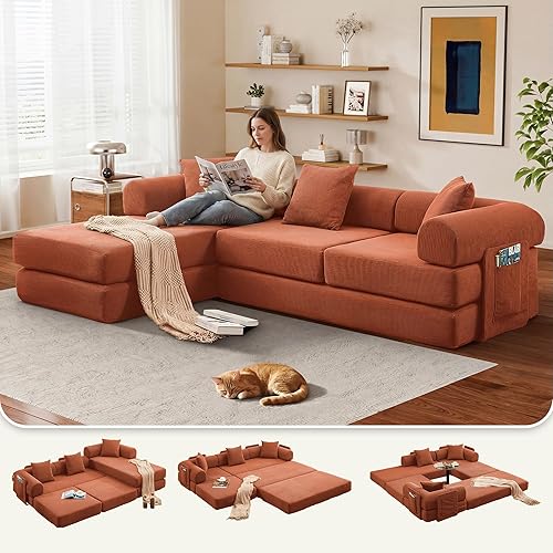 L Shaped Modular Sofa Bed with Cylindrical Pillow & Reversible Chaise, Corduroy Folding Floor Convertible Sofa Couch Bed with Fixed-Shape Frame & Storage Pocket for Living Room, Orange
