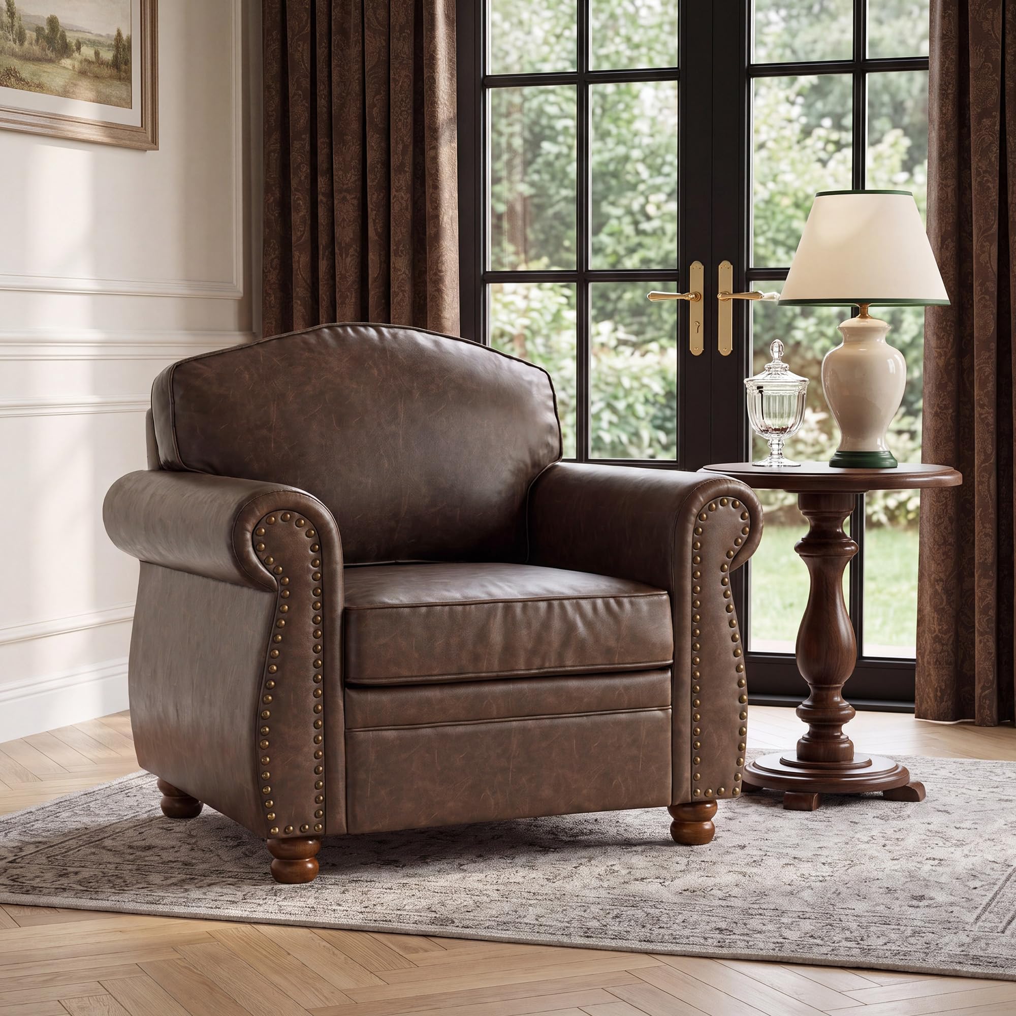 Oversized dark-brown faux-leather rolled-arm accent chair