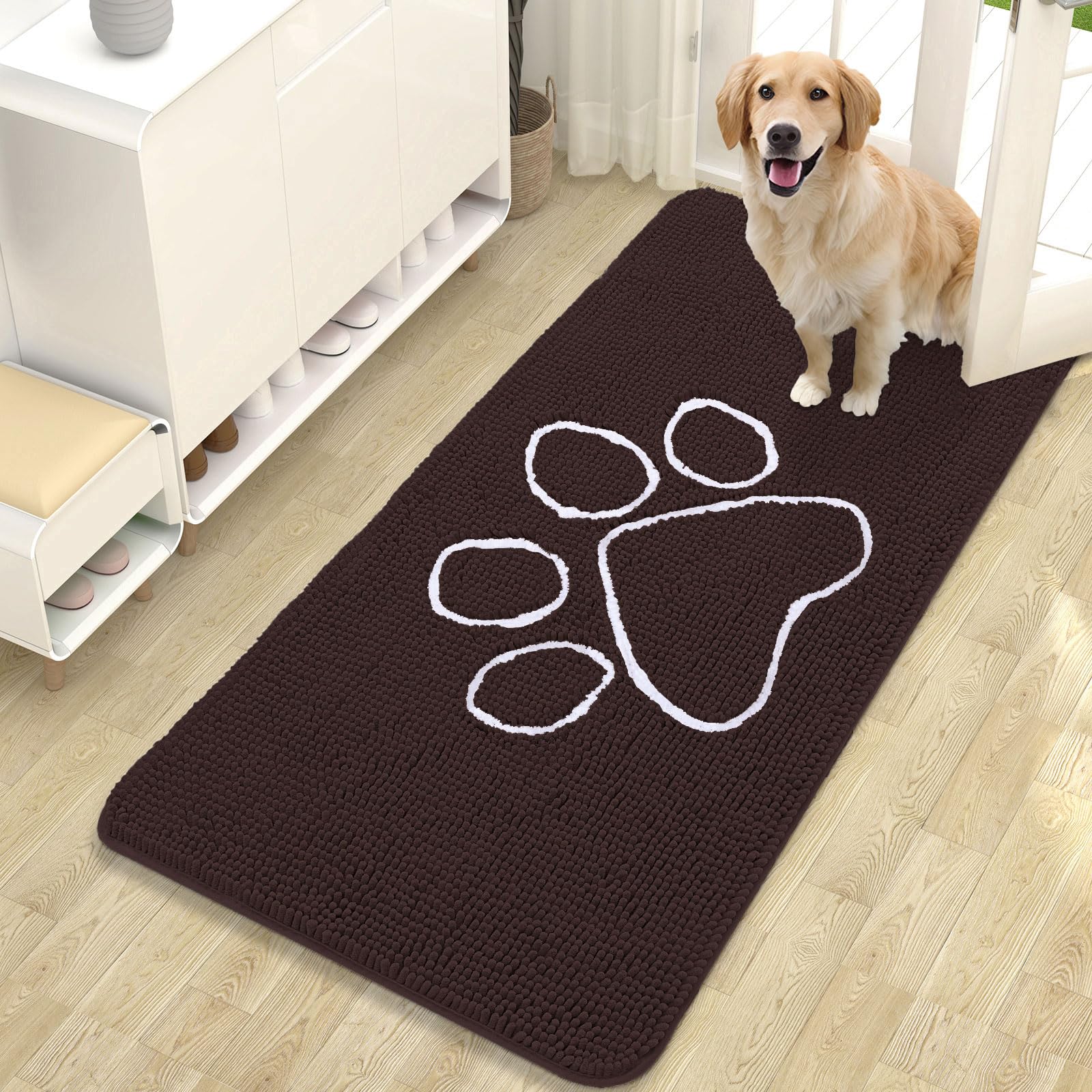 OLANLY Door Mat for Muddy Dog Paws 47x24, Ultra Absorbent Chenille Mud Doormat with Paw Print Design, Non-Slip Washable Doormat for Indoor Entryway, Quick-Dry Pet Bed Mats for Dirty Dogs, Brown — image 1