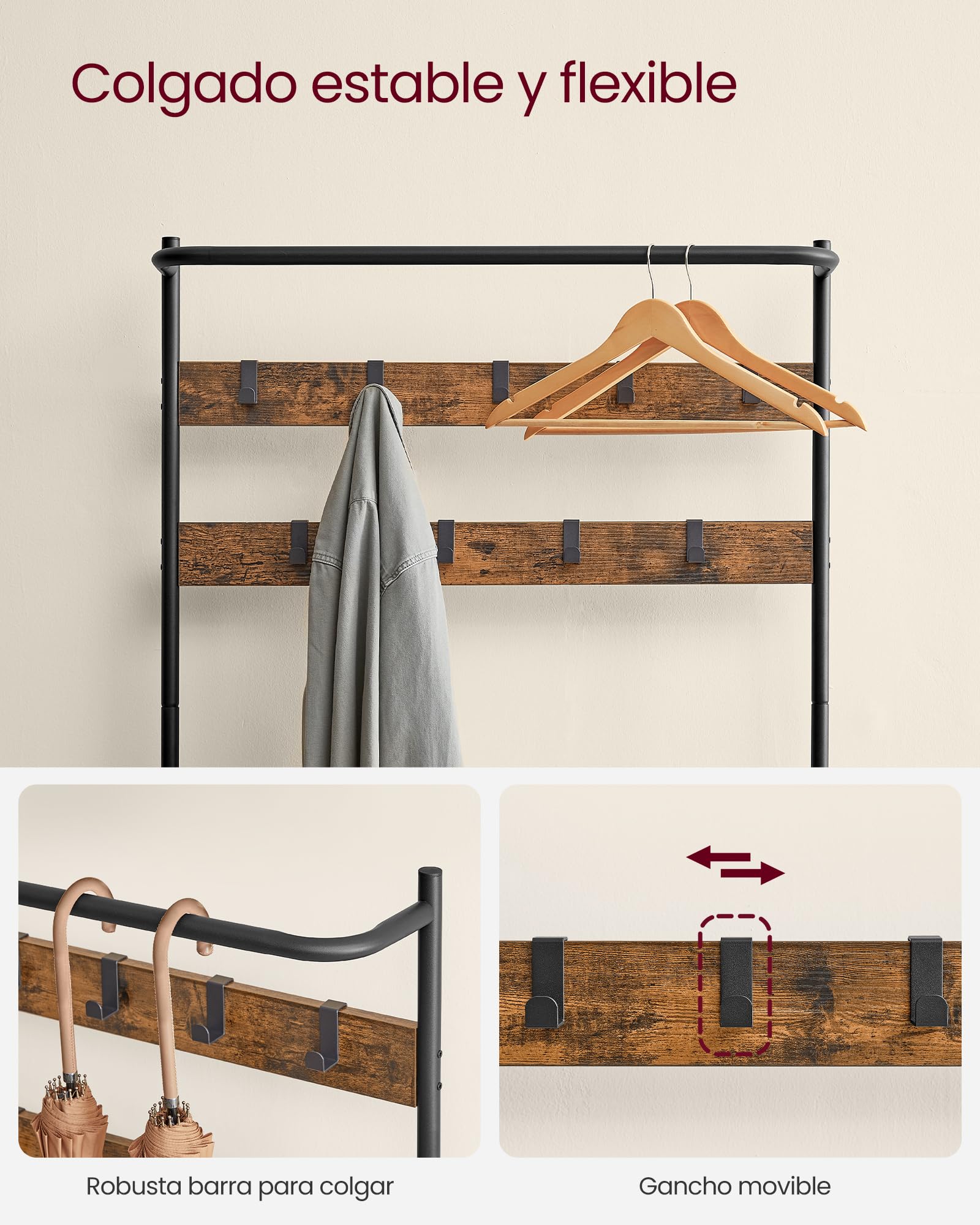VASAGLE Perchero Zapatero, Perchero Recibidor, con Banco Zapatero, 9 Ganchos Extraíbles, Barra Superior, 32,2 x 84 x 180 cm, Entrada Dormitorio, Industrial, Marrón Rústico y Negro HSR421B01