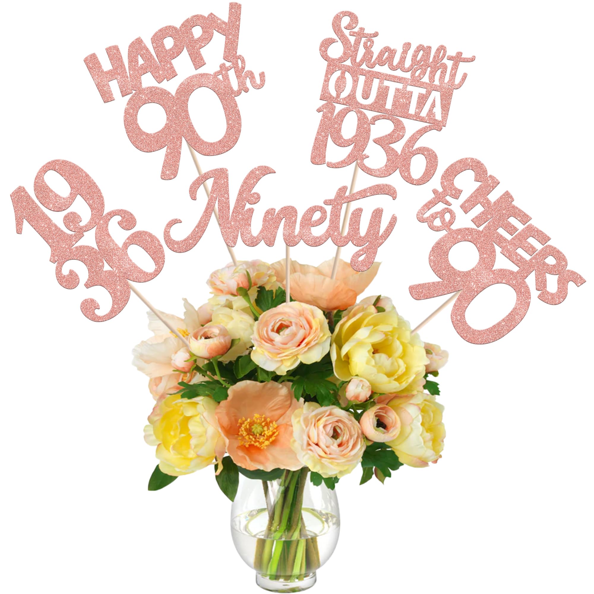15 PCS 90th Birthday Centerpiece Sticks Ninety Happy 90th Straight Outta 1936 Table Flower Centerpieces Sticks Cheers to 90 Floral Decorations for 90th Birthday Party Centerpieces Supplies Rose Gold