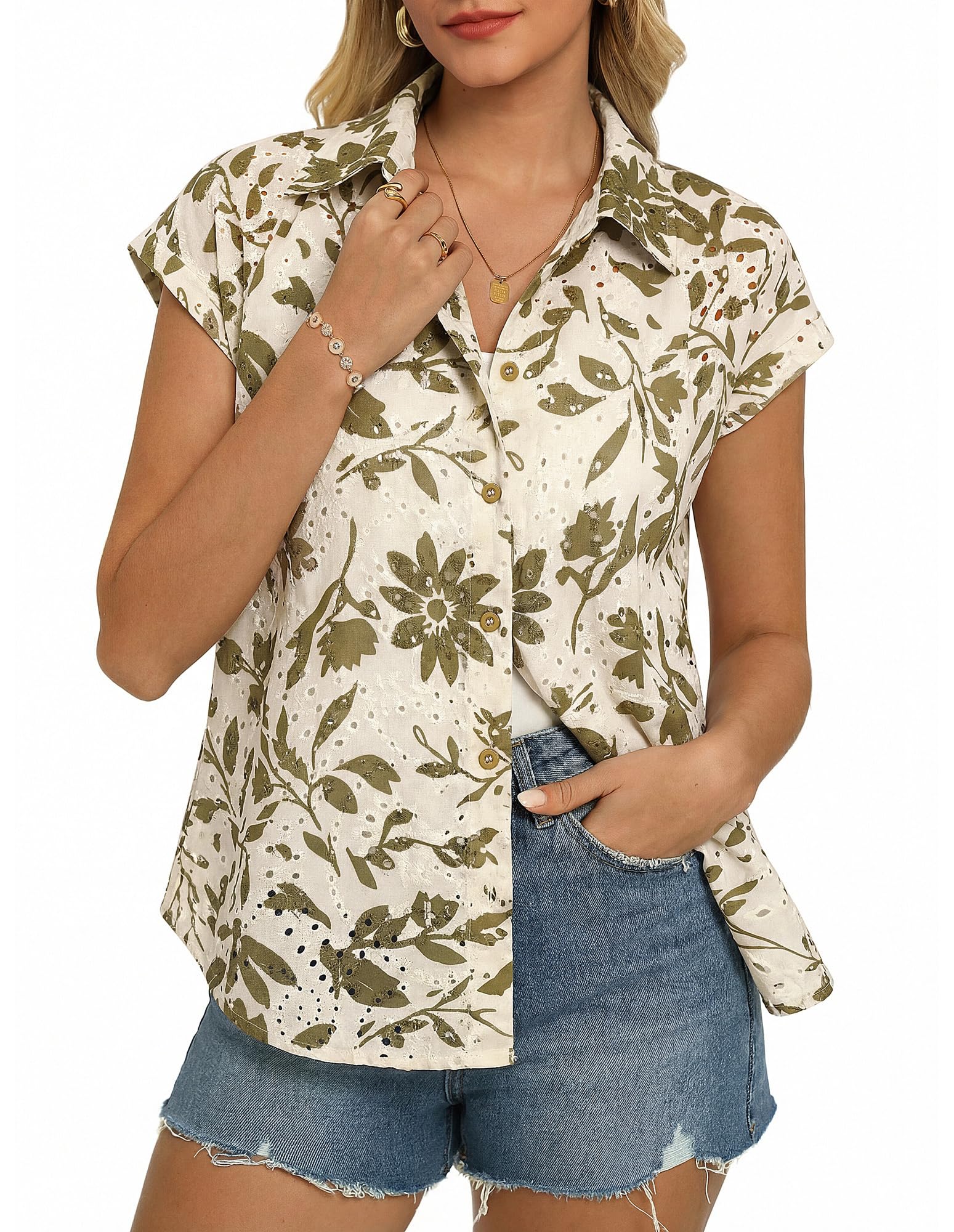 GRACE KARIN Damen Sommer Kurzarm Blumen Bluse Casual V-Ausschnitt Button Down Ausgehöhlte Oberteil Strand Urlaub Boho Shirts