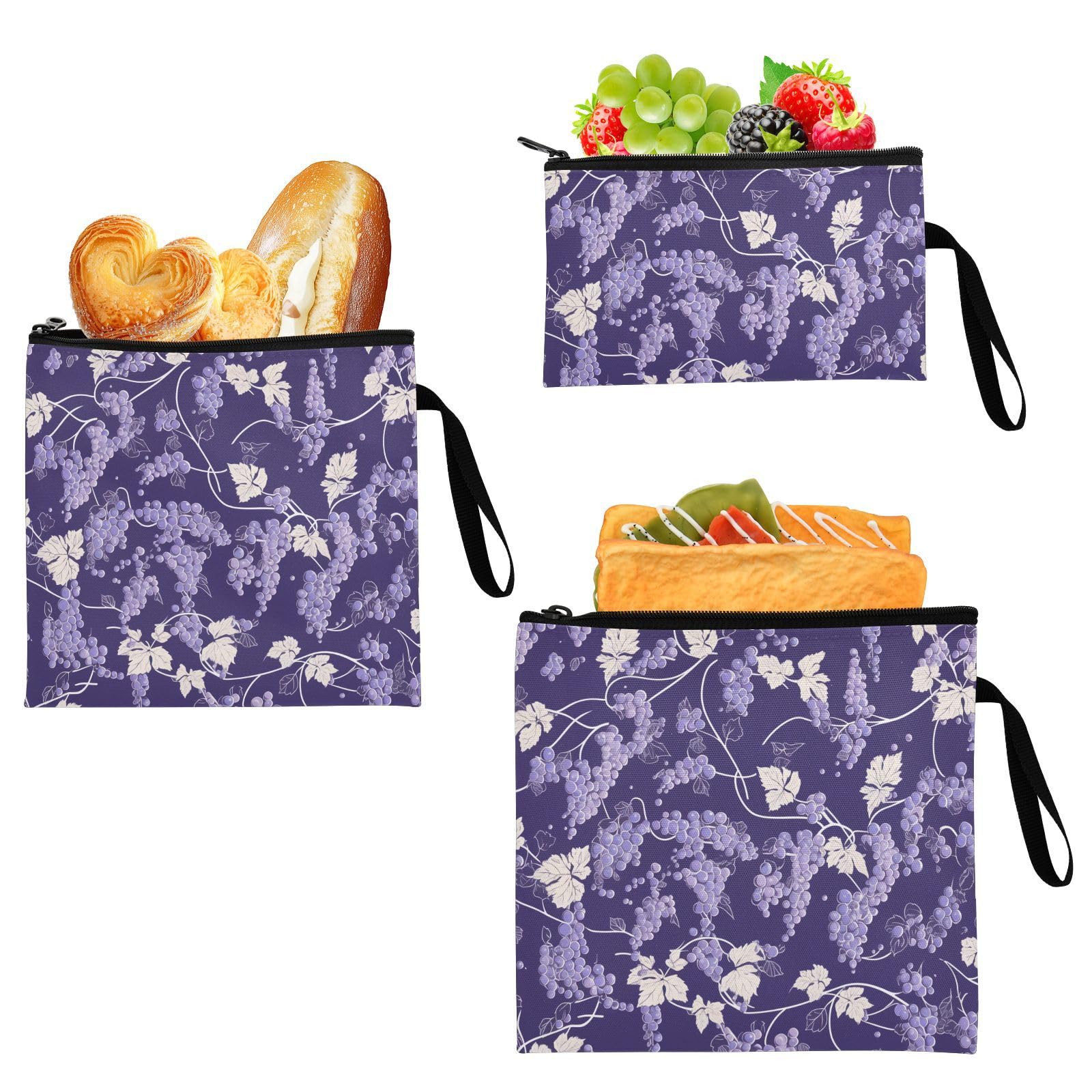 Purple Grape Pattern 3 Pcs Reusable Zipper Snack Bag Portable Food-Safe Storage Zipper Bag for Work Picnic or Travel