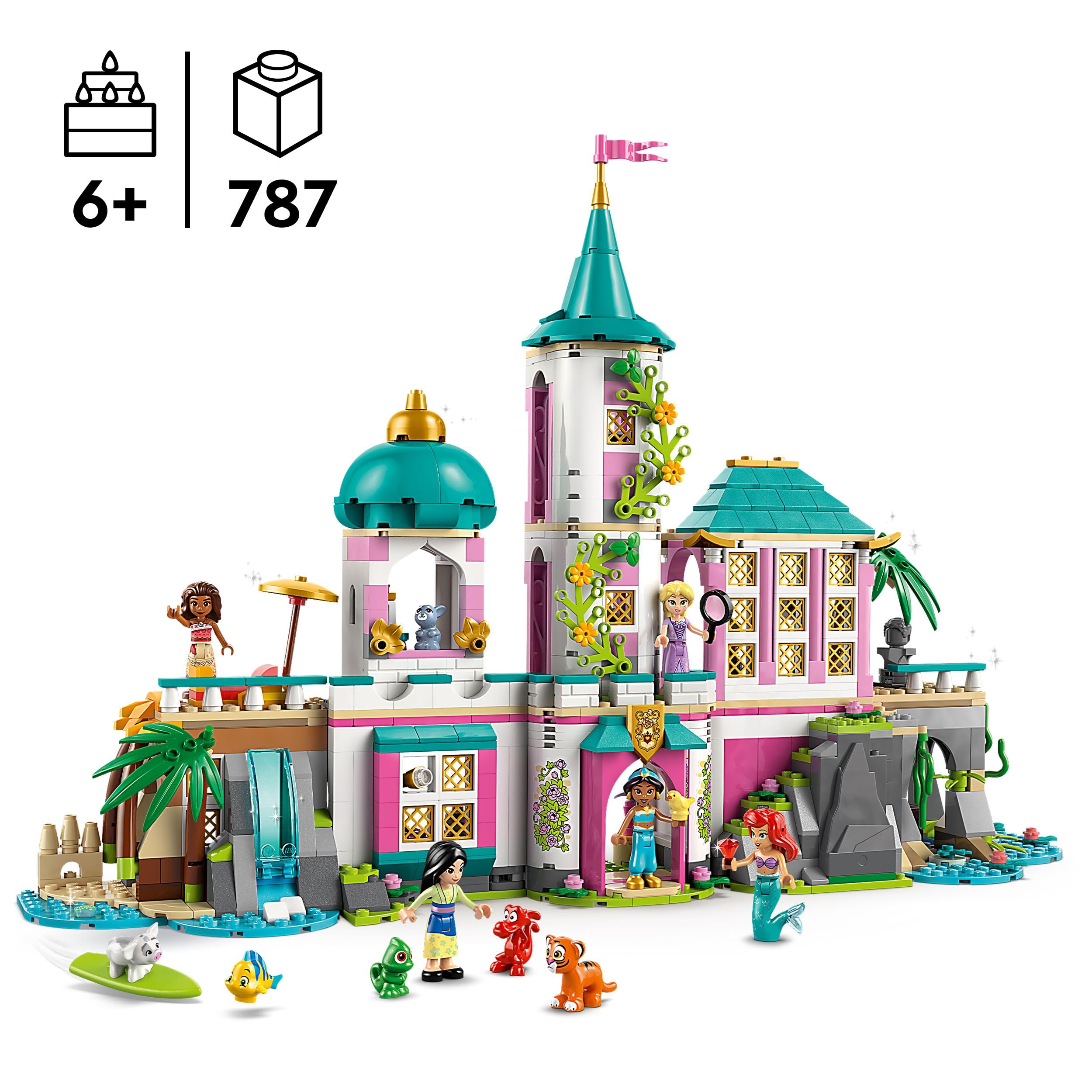 LEGO ǀ Disney Princess Zamek księżniczek i królewskie zwierzaki 43267 | Modułowy zamek i 10 postaci Disneya, zabawka dla 6-latki, prezent dla dziewczynki i chłopca, klocki dla dzieci, 787 elementów