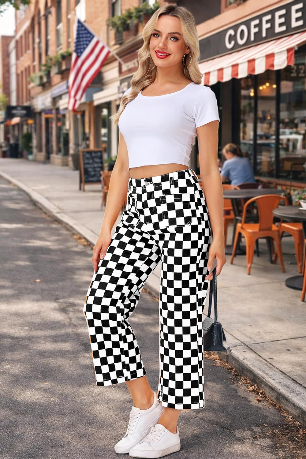 Women Checkered Cropped Jeans Straight Leg Stretchy Denim Pants with Pockets - Image 2