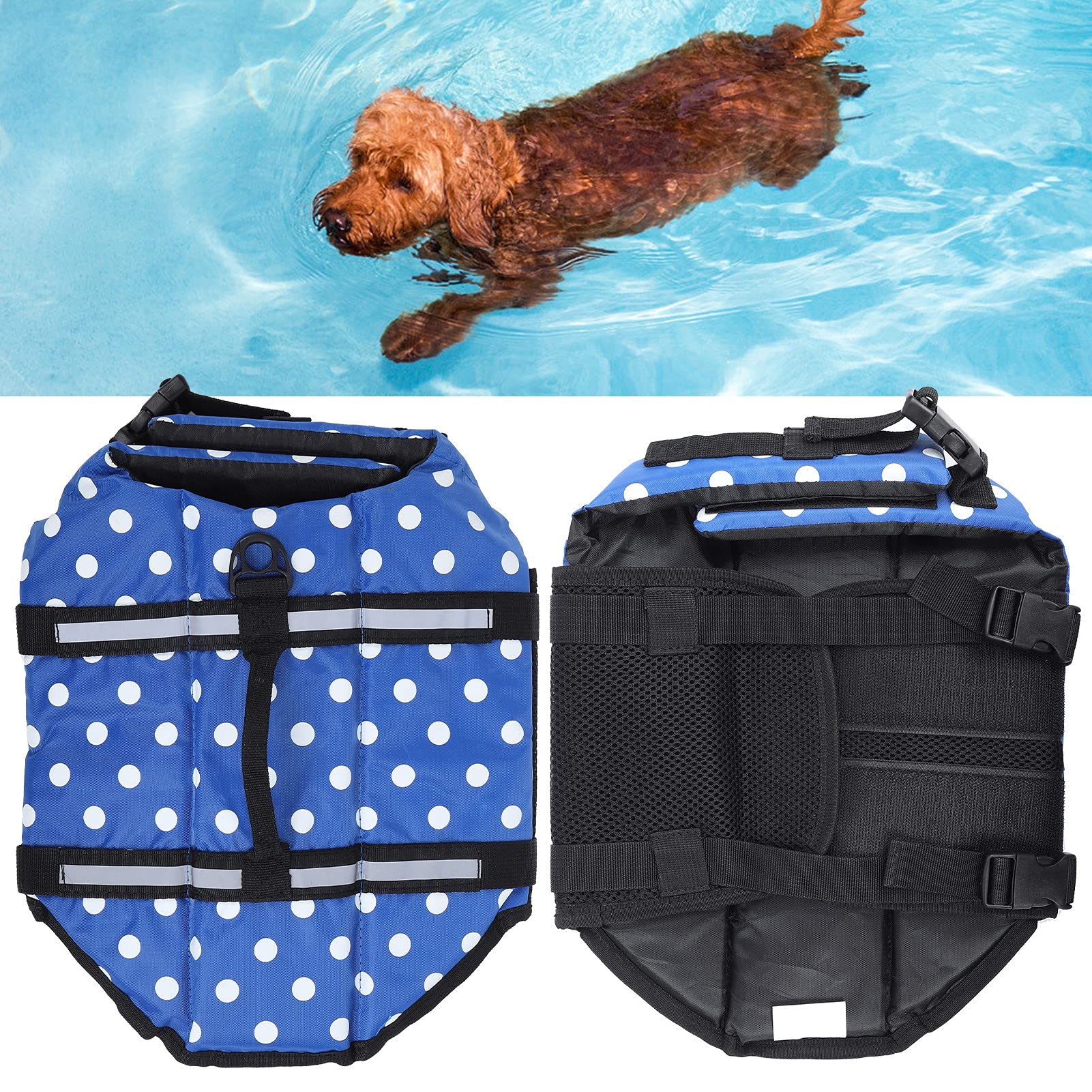 Gilets de Sauvetage pour Chiens, Gilet de sécurité pour Chien, Gilets de Sauvetage réfléchissants réglables pour Animaux de Compagnie avec Une flottabilité élevée(XXL-Bleu)