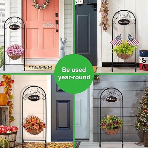 Miniatura 7 de Soporte de metal para maceta de bienvenida con forro de coco, soporte colgante de 39.5 pulgadas con letrero de bienvenida decorativo para decoración