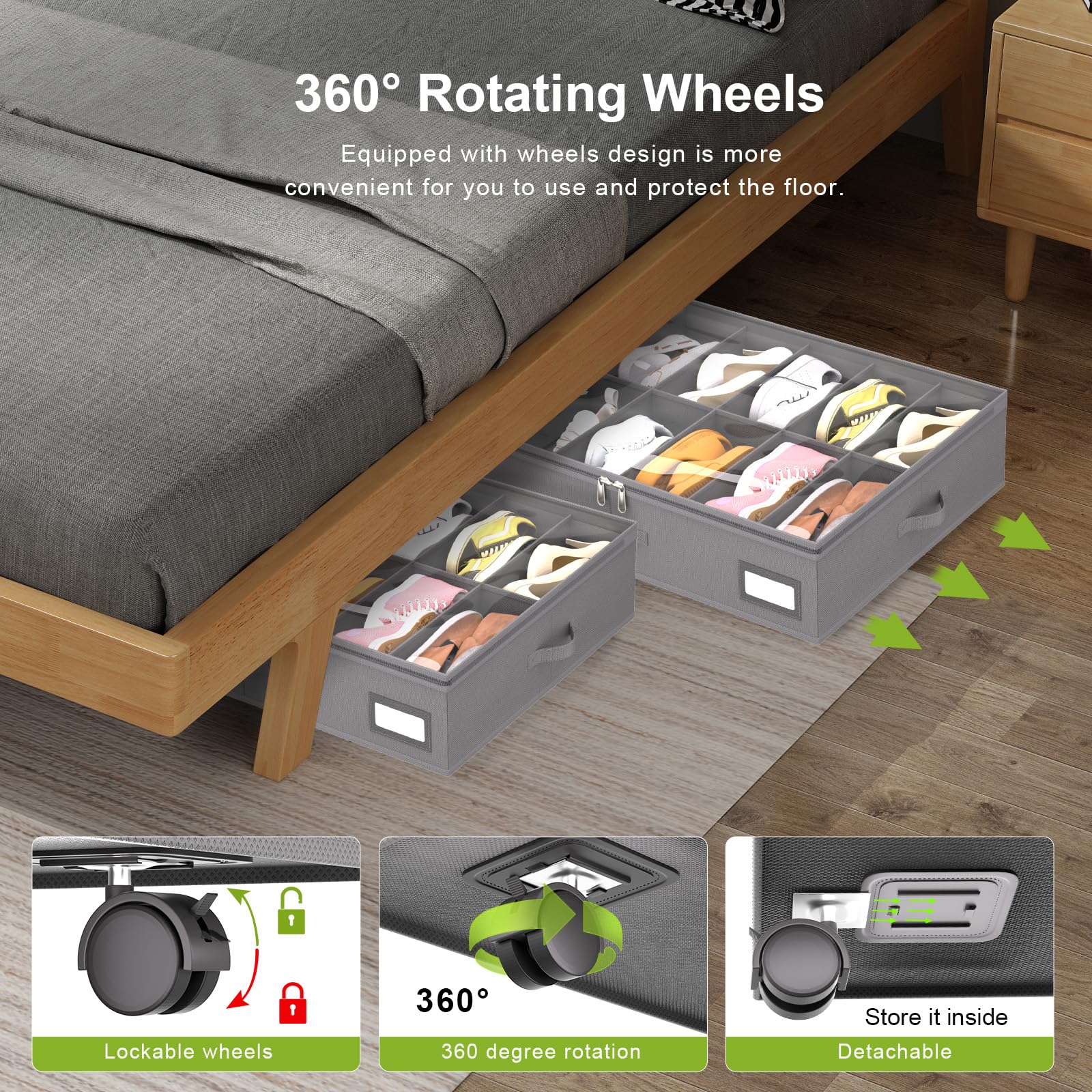 Unterbett-Schuh-Organizer mit Rollen für den Schrank, passend für 24 Paar, stabile Unterbett-Schuh-Aufbewahrungsbox, 2er-Set (grau)