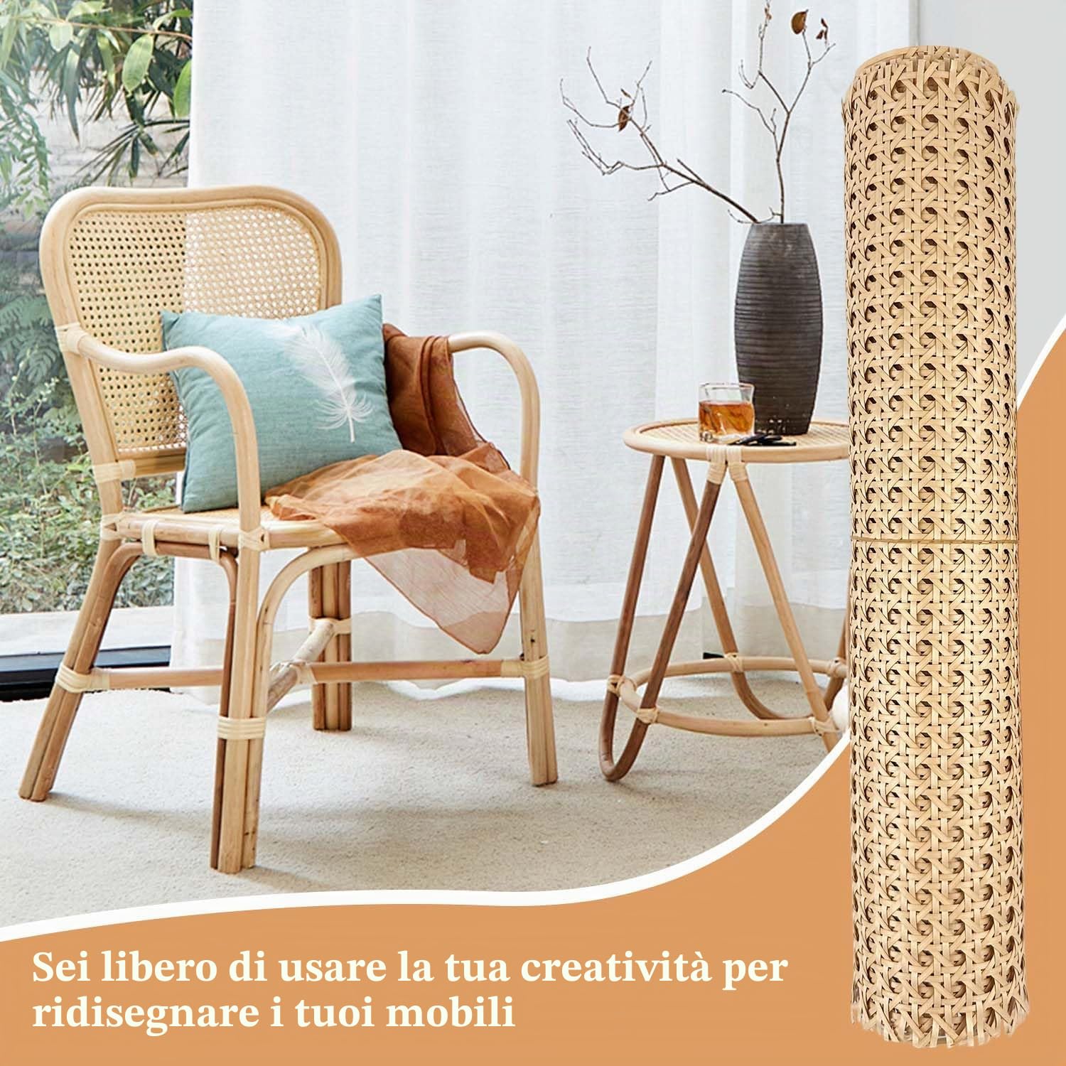 Rattan rotolo, 40 x 100 cm, midollino per sedie paglia di vienna per mobili, cannage rotin per sedie, armadi, bricolage, resistente all'umidità, impermeabile, fatto a mano, paglia di vienna per sedie