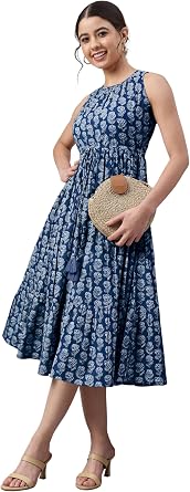 Janasya Women's Indigo Pure Cotton Floral Printed Tiered Dress