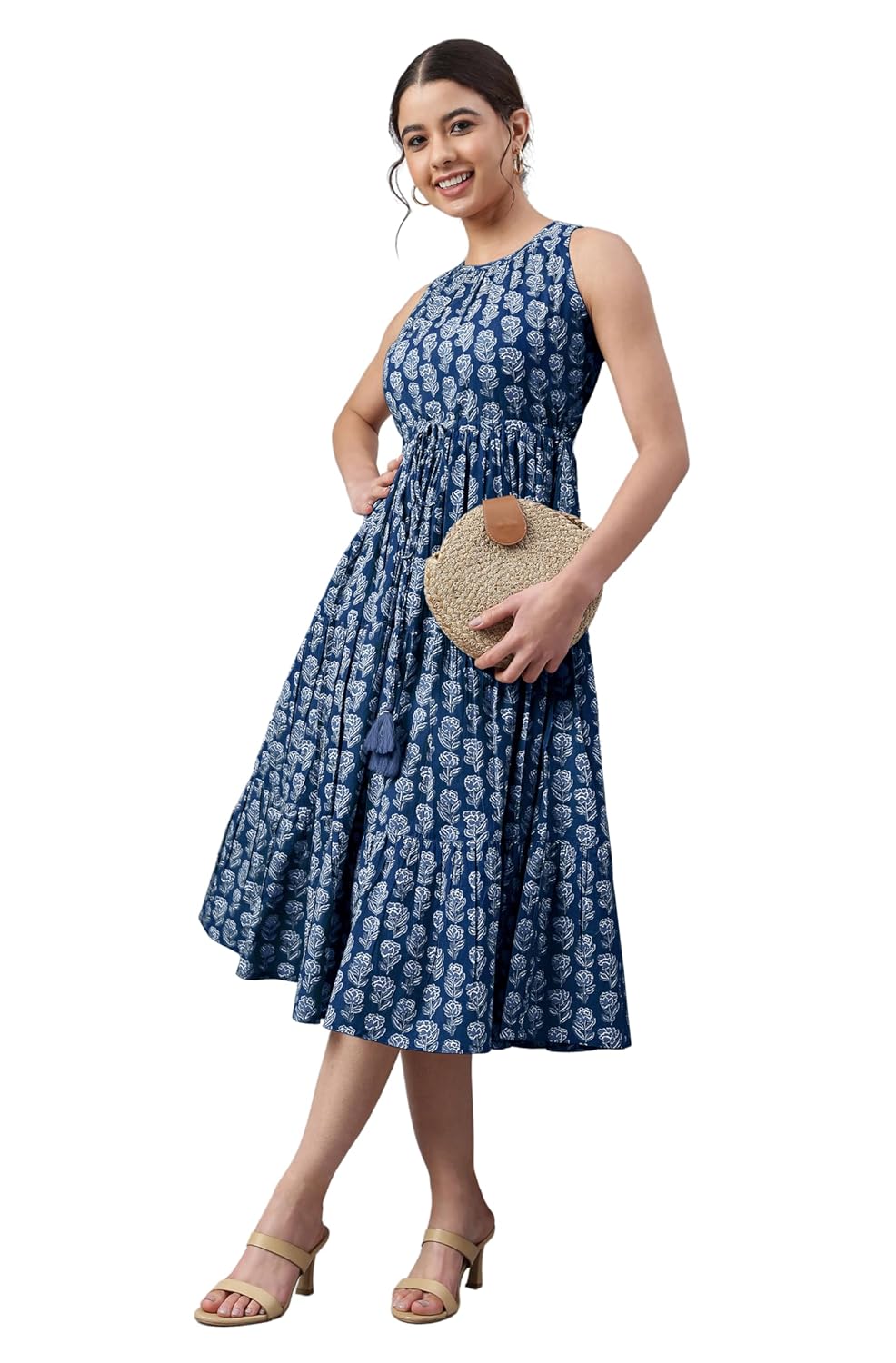 Janasya Women’s Fit and Flare Midi Cotton Floral Printed Tiered Western Dress