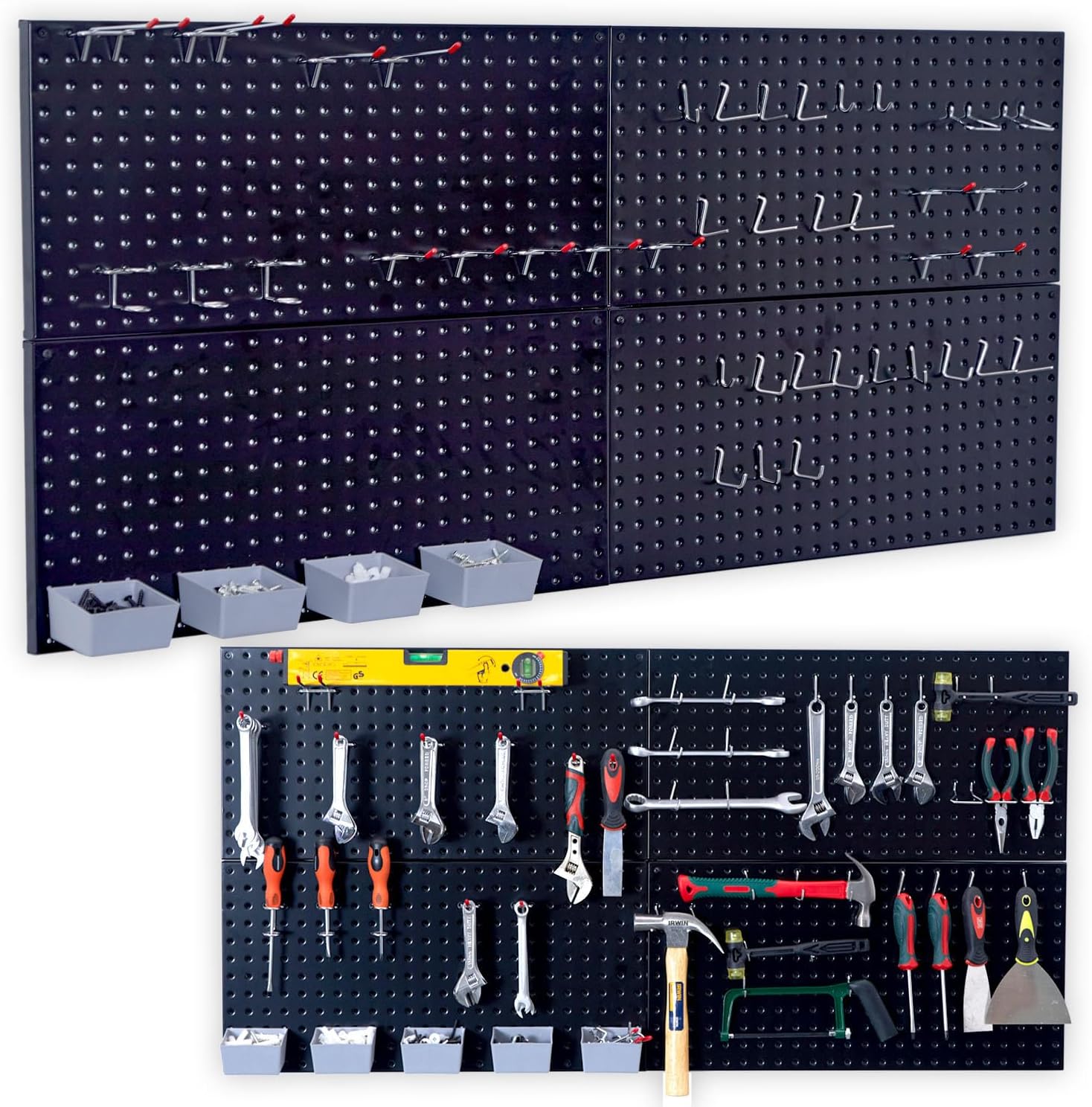 Wallmaster Pegboard Organizer Garage Storage - 48pcs Pegboard Hooks Set, Pegboard Tool Organizer with 48x24 Inch Steel Peg Board & 4 Storage Bins (Black)