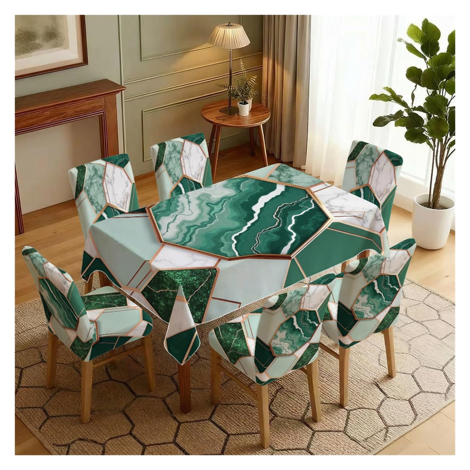 KXUAUV Luxury Green Marble Geometric Print Tablecloth And Chair Covers Set, Stretch Slipcovers For Modern Dining Room Decor, 5/7 Pack Party Decor(7pcs Set: Tablecloth+Chair Covers)