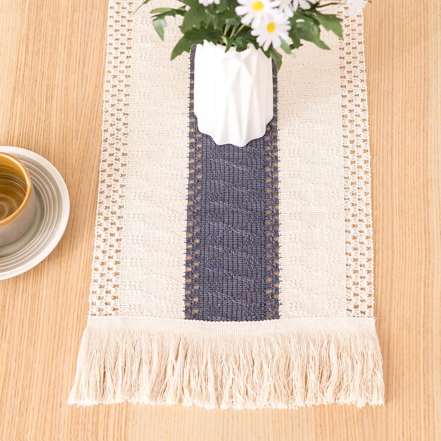 KadyHoom Farmhouse Table Runner 72 Inches Long, Navy Blue Table Runner for Farmhouse Decor, Boho Table Runner with Tassel for Holiday/Wedding/Party/Farmhouse/Kitchen/Dining Modern Table Decor
