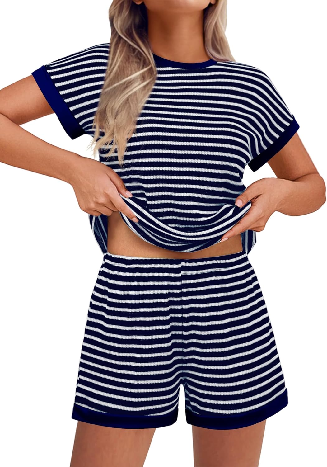 Ekouaer Waffle Knit Lounge Set Women Stripe Pajama Sets Short Sleeve Pj Tops and Shorts Matching loungewear with Pockets