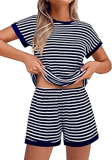 2 Piece Sets for Women Summer Outfits Cute Stripe Knit T Shirts Shorts Matching Lounge Set
