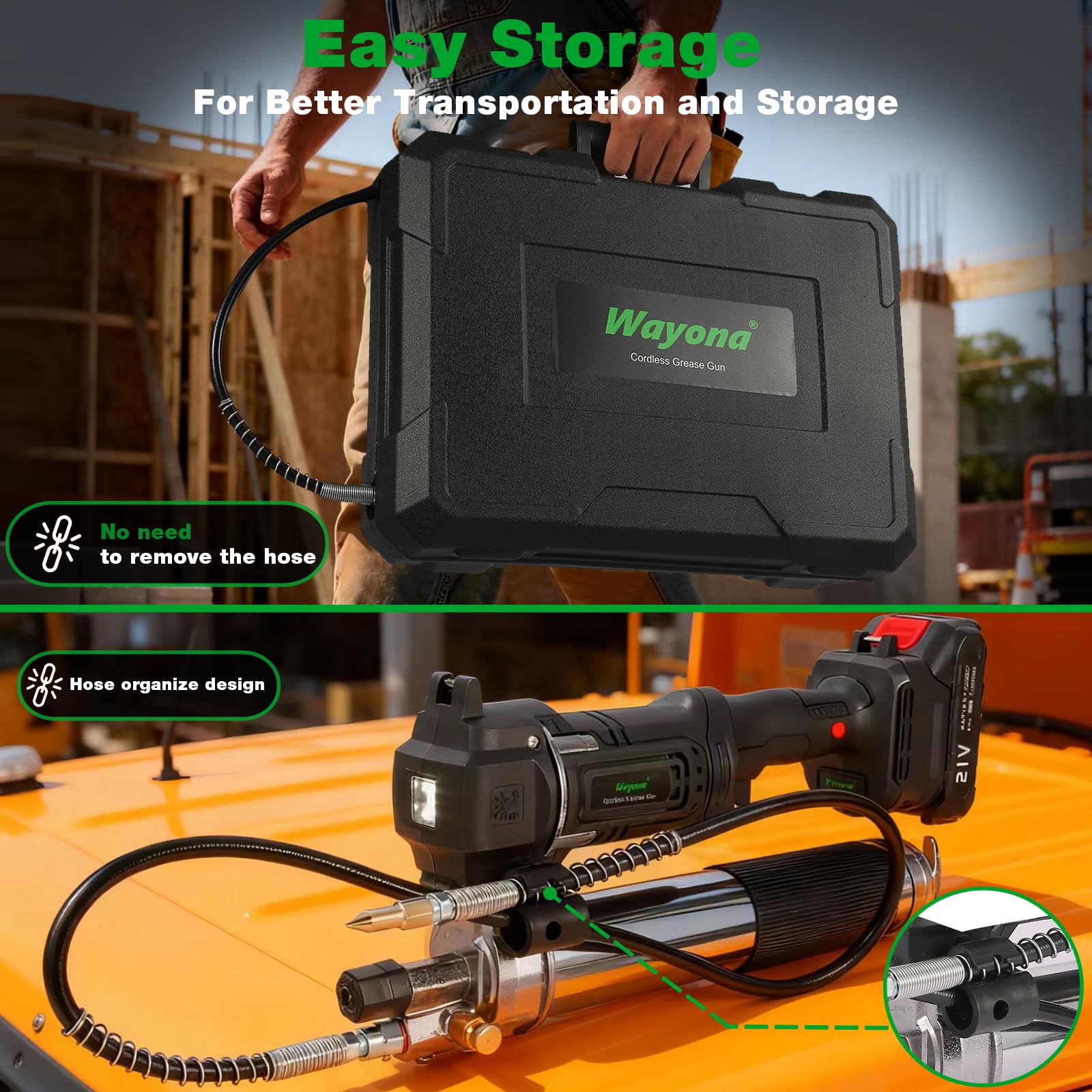 Wayona Pistola de grasa inalámbrica de 10000 psi, kit de pistola de grasa eléctrica con 2 baterías recargables, manguera flexible de 39.4 pulgadas, luz LED, cargador rápido, color negro