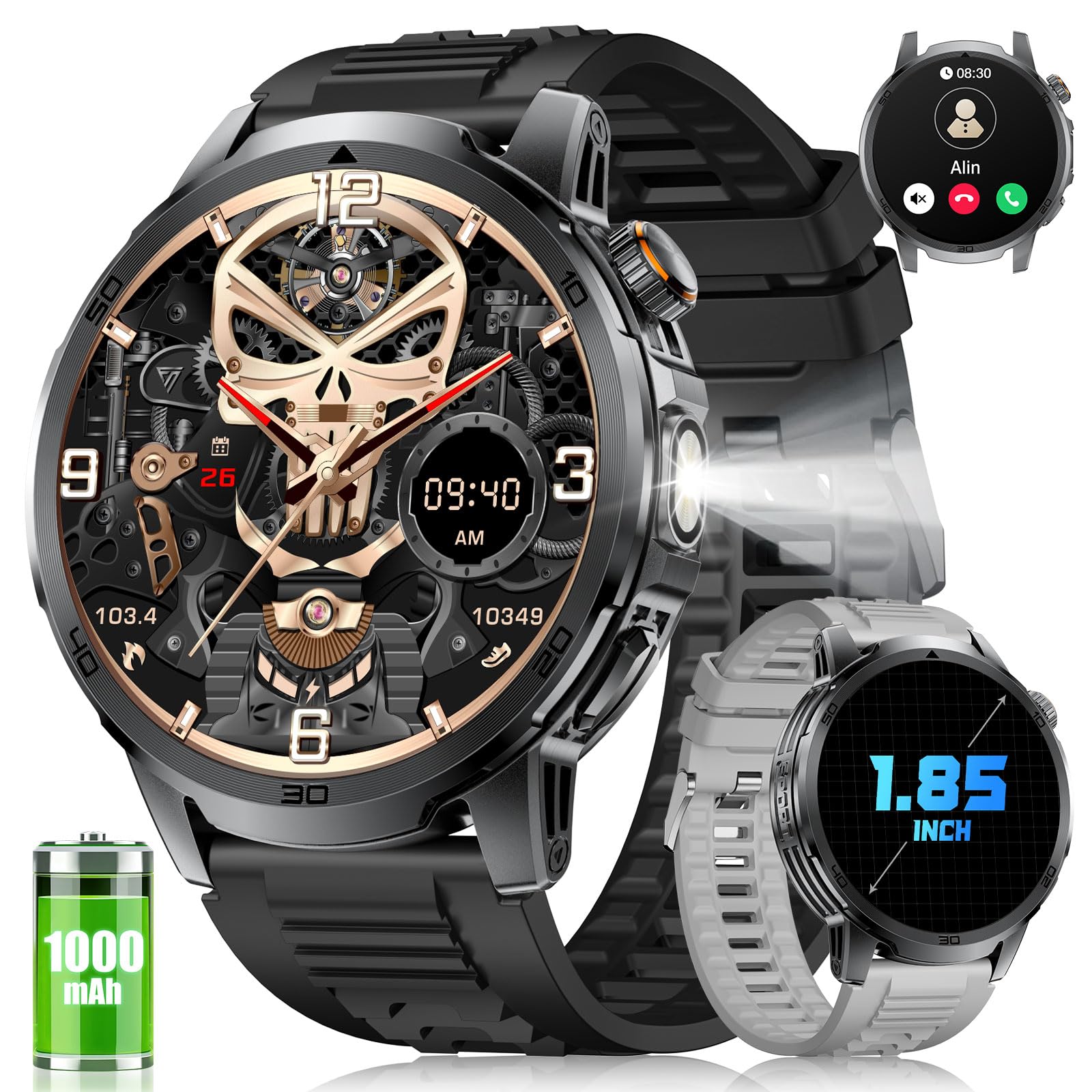 FITFLEX Smartwatch Herren-1000mAh/LED-Licht, 1,85" HD, Herz-/Schlaftracking | Militär Smart Watch mit 120+Sportmodi, Schrittzähler, IP68 Wasserdicht, Sportuhr Outdoor für Android iOS, 2 Silikon Band