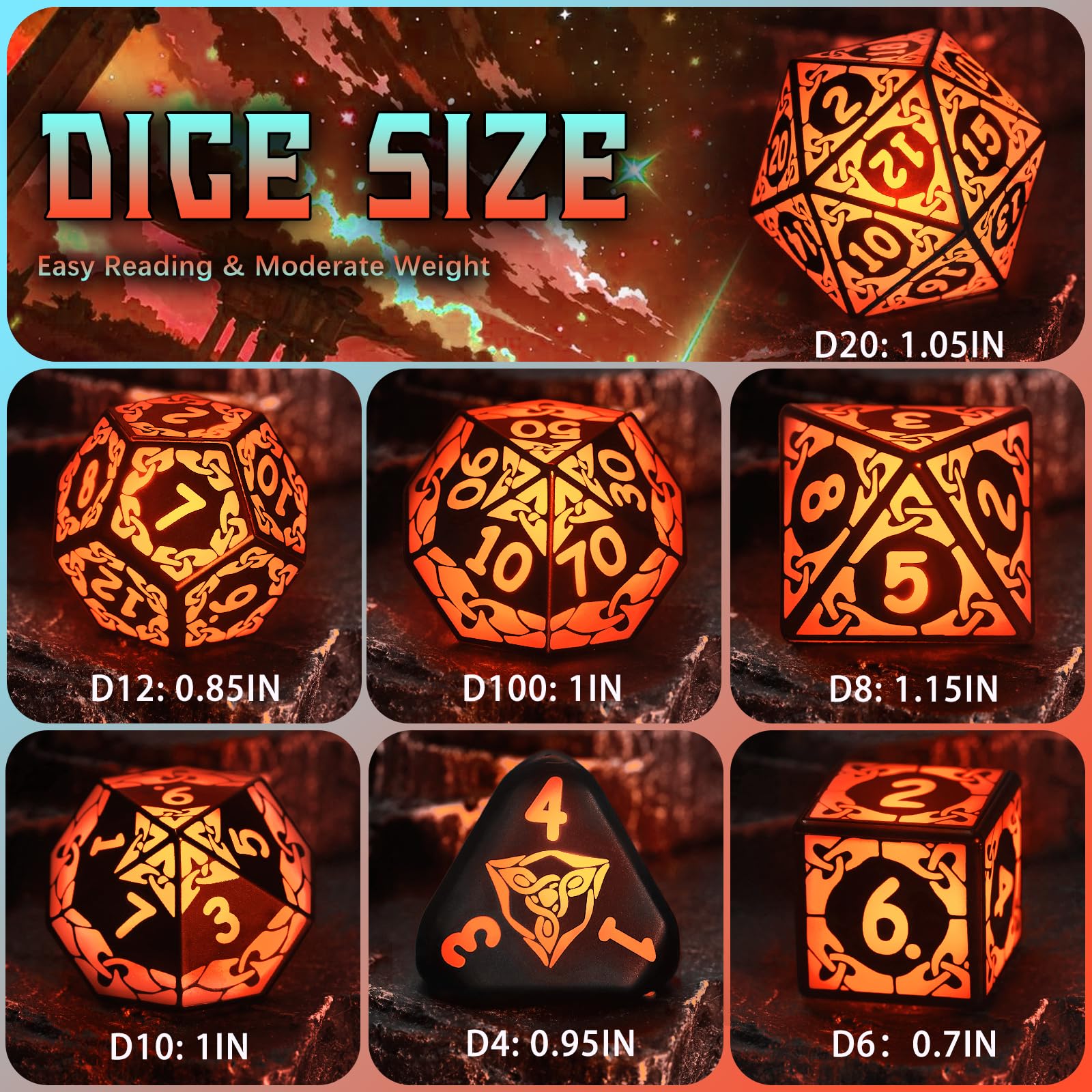LED Dice Set DND, Cool Light up Dice Set Rechargeable for Dungeons and Dragons, ZHOORQI Polyhedral D and D Dice with Charging Box for Role Playing Game Gifts (Orange-Shackles)