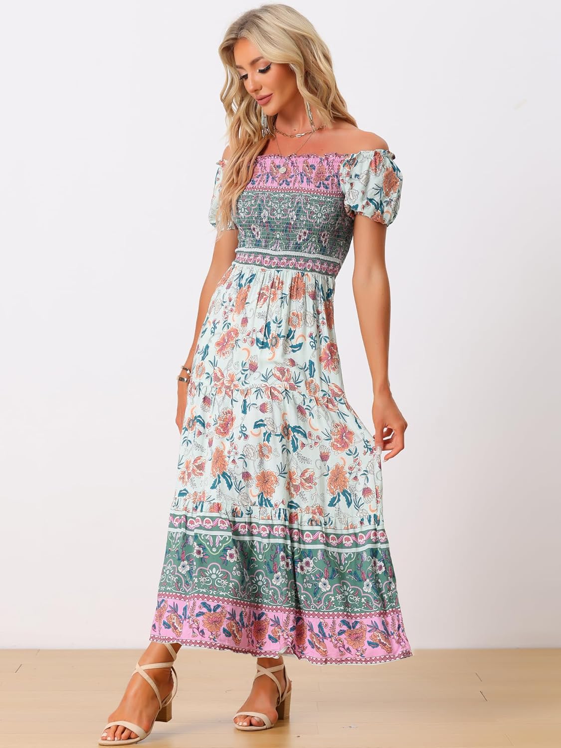 Allegra K Boho Smocked Dress for Women's Maxi Floral Off-Shoulder Flowy Dresses - Image 3