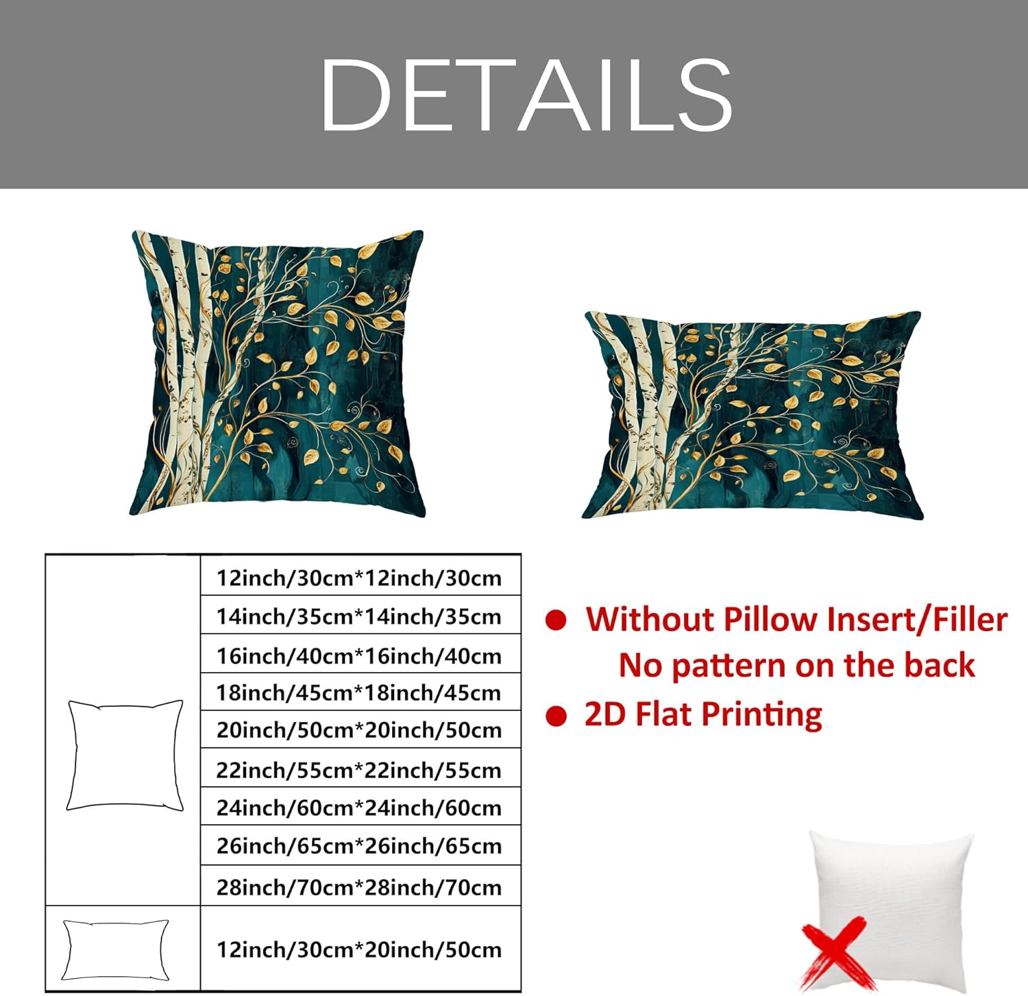 Autumn Birch Tree Throw Pillow Covers Set of 2, Teal Gold Leaves Decorative Cushion Cases, Seasonal Nature Inspired Home Decor for Sofa Bed Couch 24x24 Inch