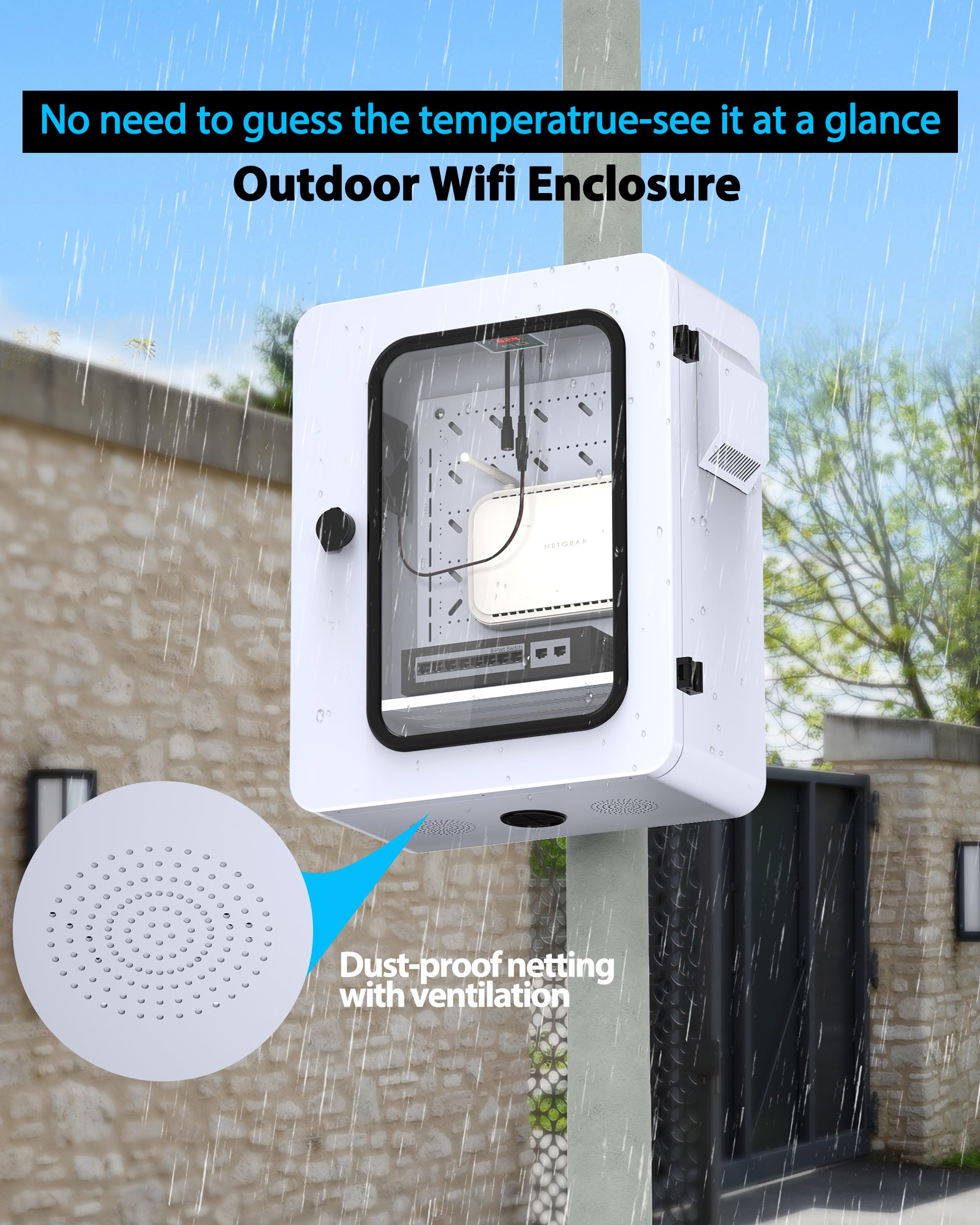 Caja eléctrica para exteriores con termostato y ventilador y ventana transparente, control preciso de temperatura de -17.7 °C, clasificación IP65 resistente al agua, acero galvanizado, haz
