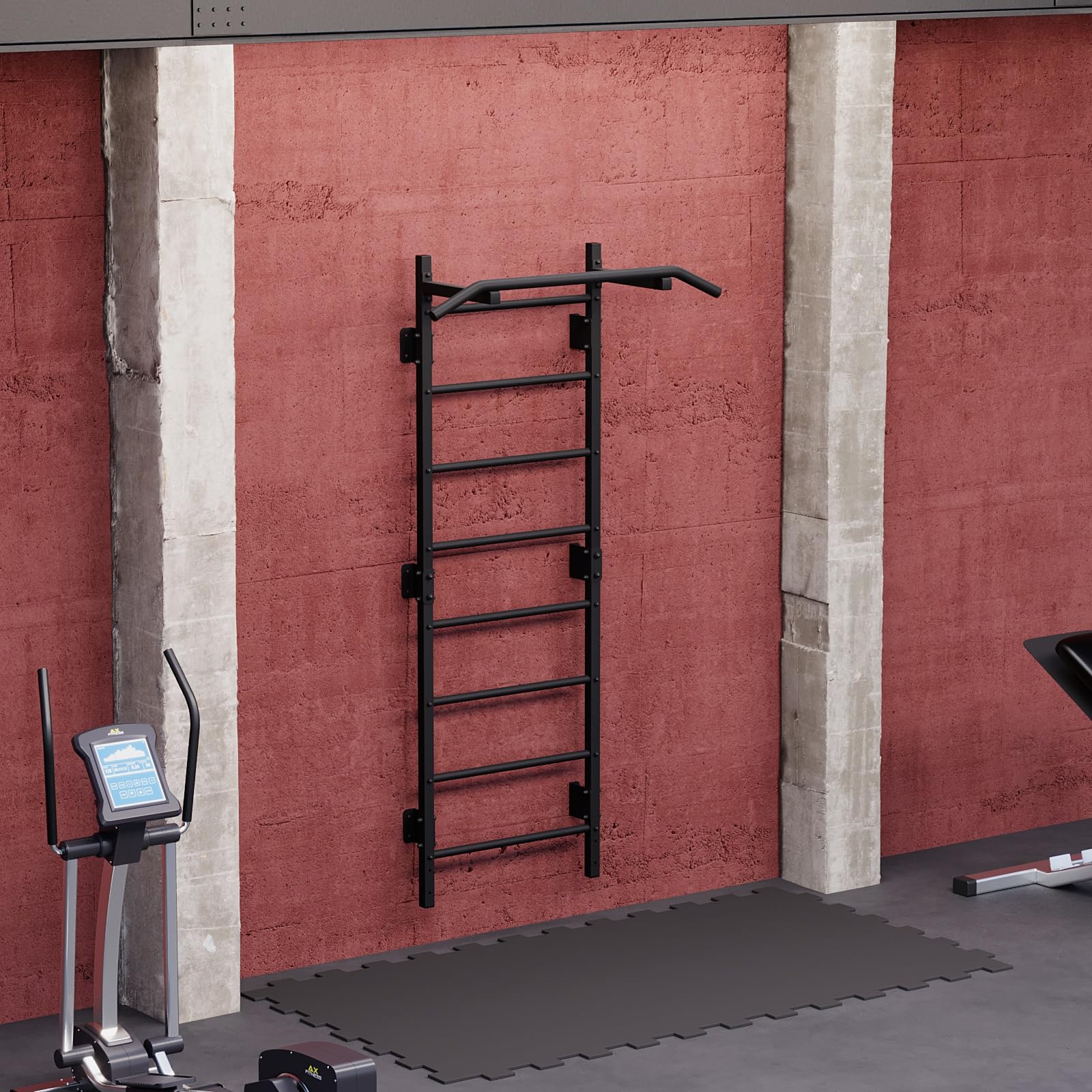 QLS Sprossenwand mit Klimmzugstange Stahl bis 250 kg 228 cm Schwarz | Wandmontage für Home Gym mit 115 cm breiter Klimmzugstange. Profil 40 x 40 x 2 mm, Montagesatz ohne Wanddübel