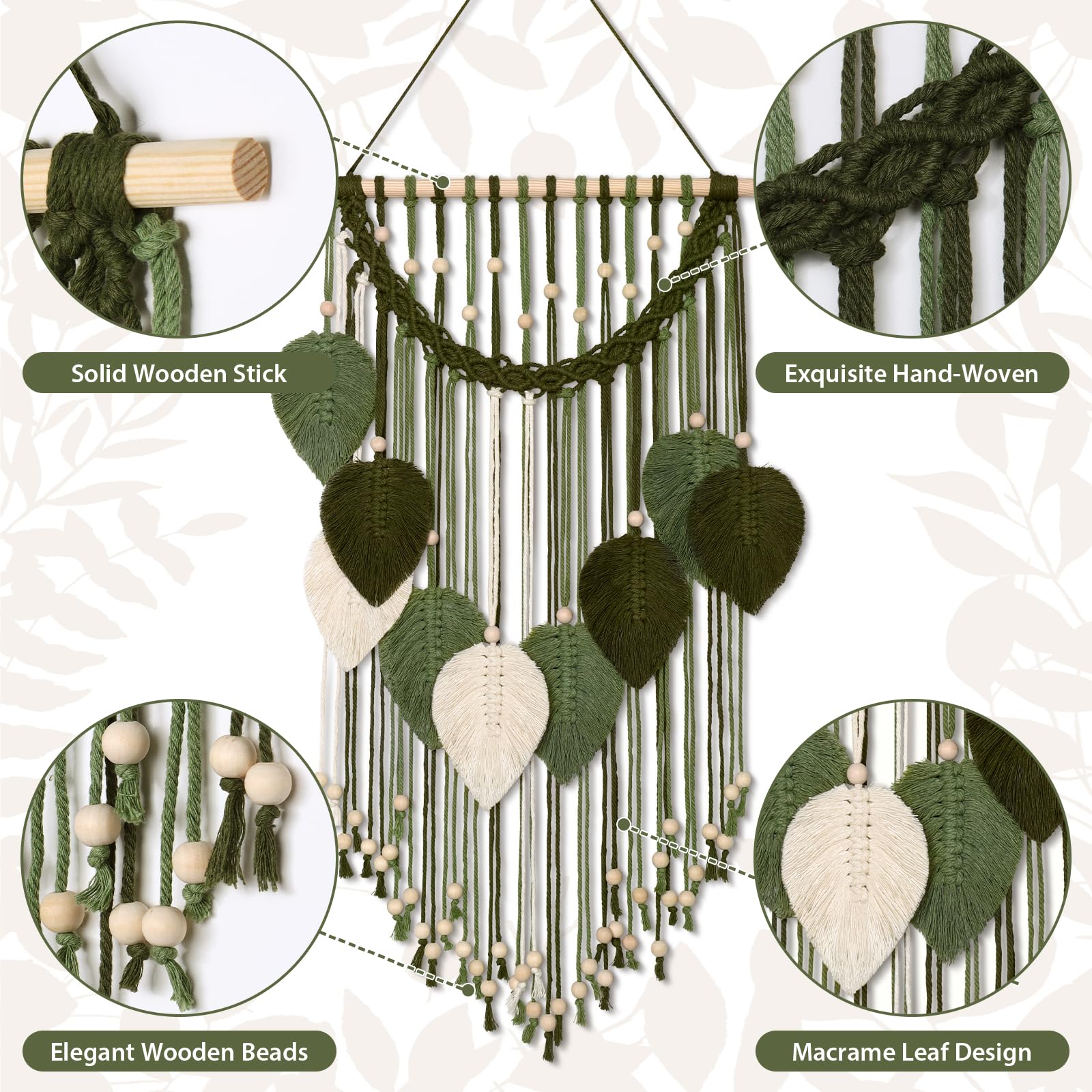 Bssowe Macramé wandtapijt, 120 x 75 cm, boho-stijl, houten bladeren, voor buiten, woonkamer, slaapkamer, geschenken, groen