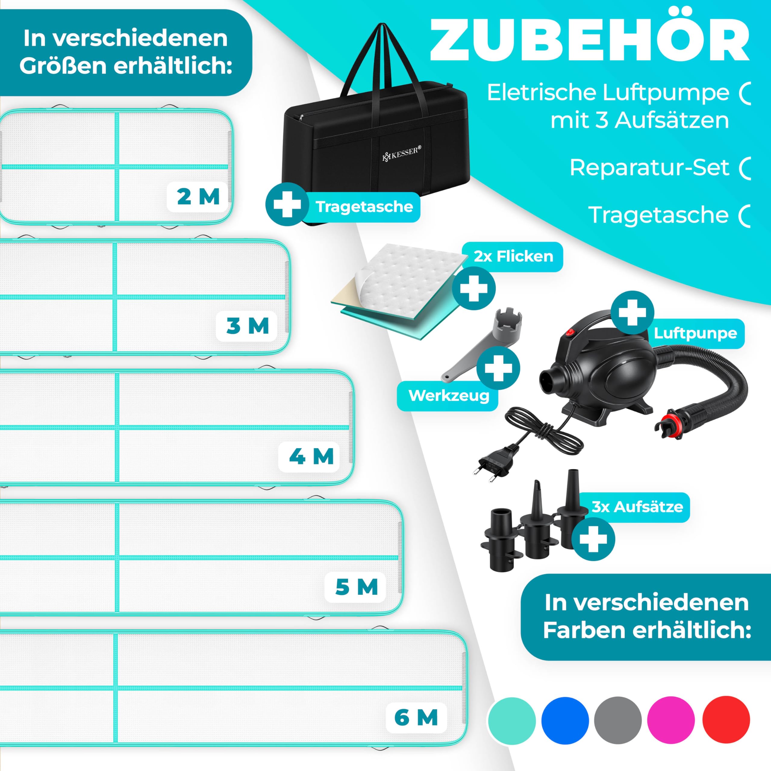 KESSER® Turnmatte Aufblasbar Airtrack 2m/3m/4m/5m/6m Fitness-Matte Gymnastikmatte | inkl. Tragetasche & elektr. Luftpumpe | Yogamatte, Tumbling Matten, Trainingsmatte, Turn- & Fitness