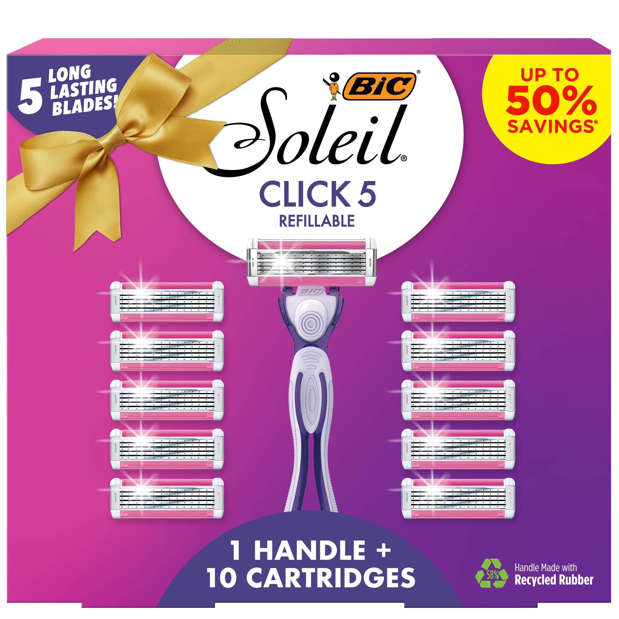 Click 5 Soleil Women's Disposable Razors, 5 Blades With a Moisture Strip For a Smoother Shave, 1 Handle and 3 Cartridges, 4 Piece Razor Set