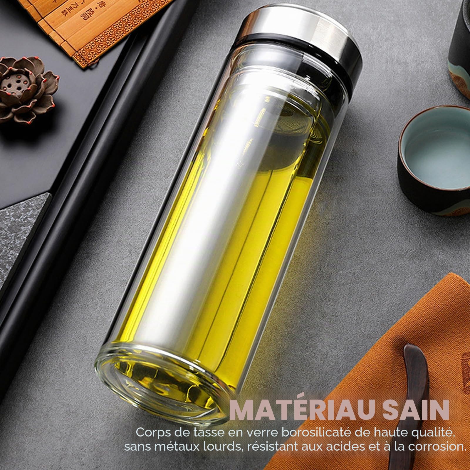 Bouteille en verre de 1 litre, gourde à double paroi de 1 l, gourdes avec brosse, ensembles de tasses, bouteille à thé avec passoire à emporter