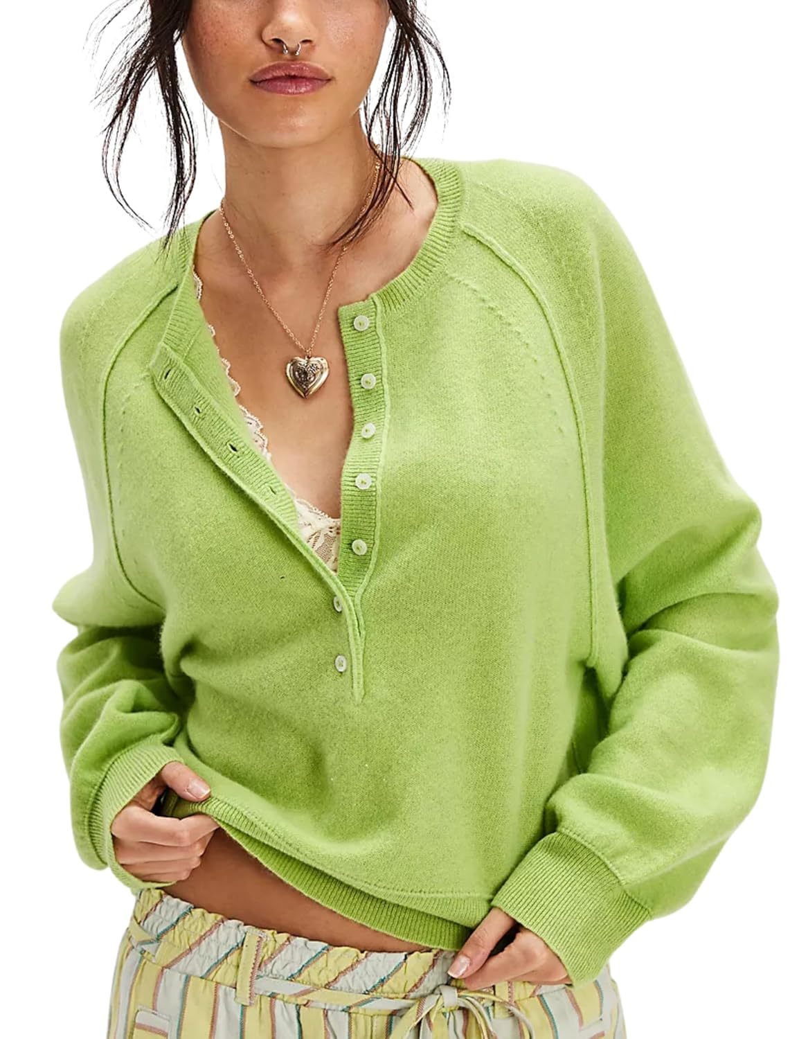Esmeling Women Casual Button Front Sweater Henley Neck Long Sleeve Knitwear Solid Cropped Pullover Sweater