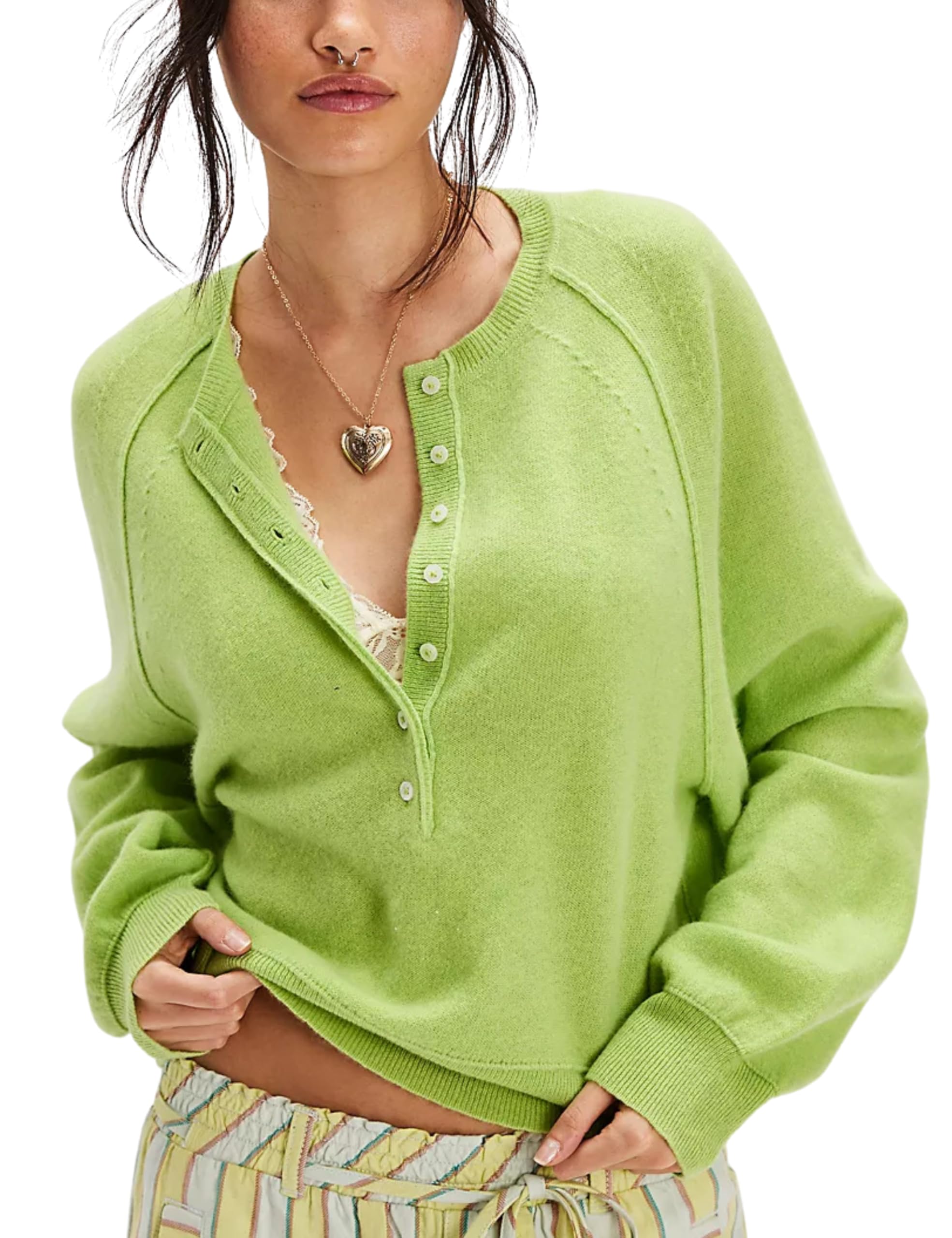 Esmeling Women Casual Button Front Sweater Henley Neck Long Sleeve Knitwear Solid Cropped Pullover Sweater