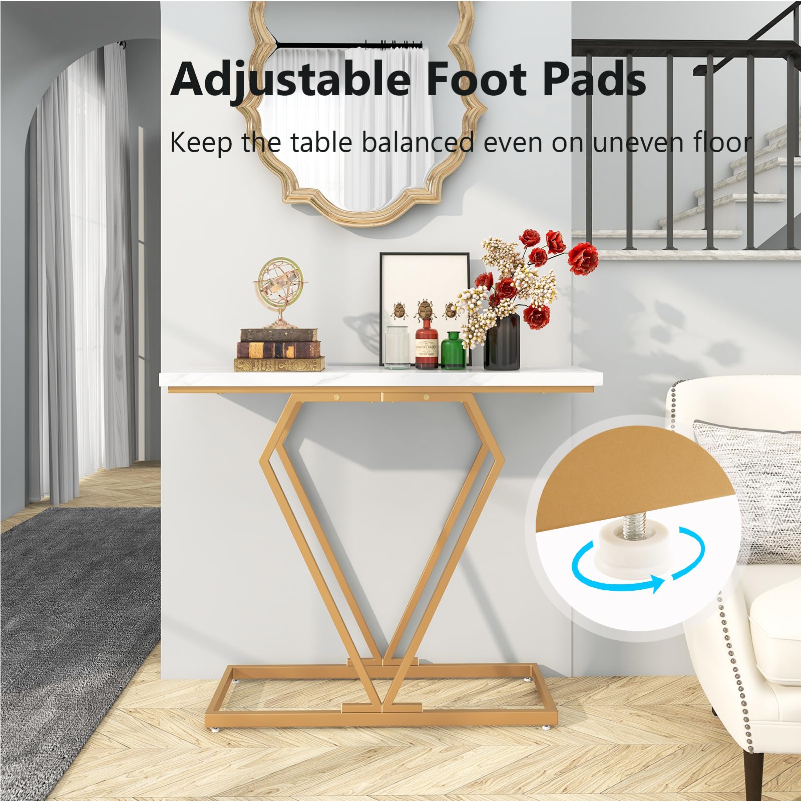 LIFEZEAL Table Console Plateau en Faux Marbre avec Cadre en Métal